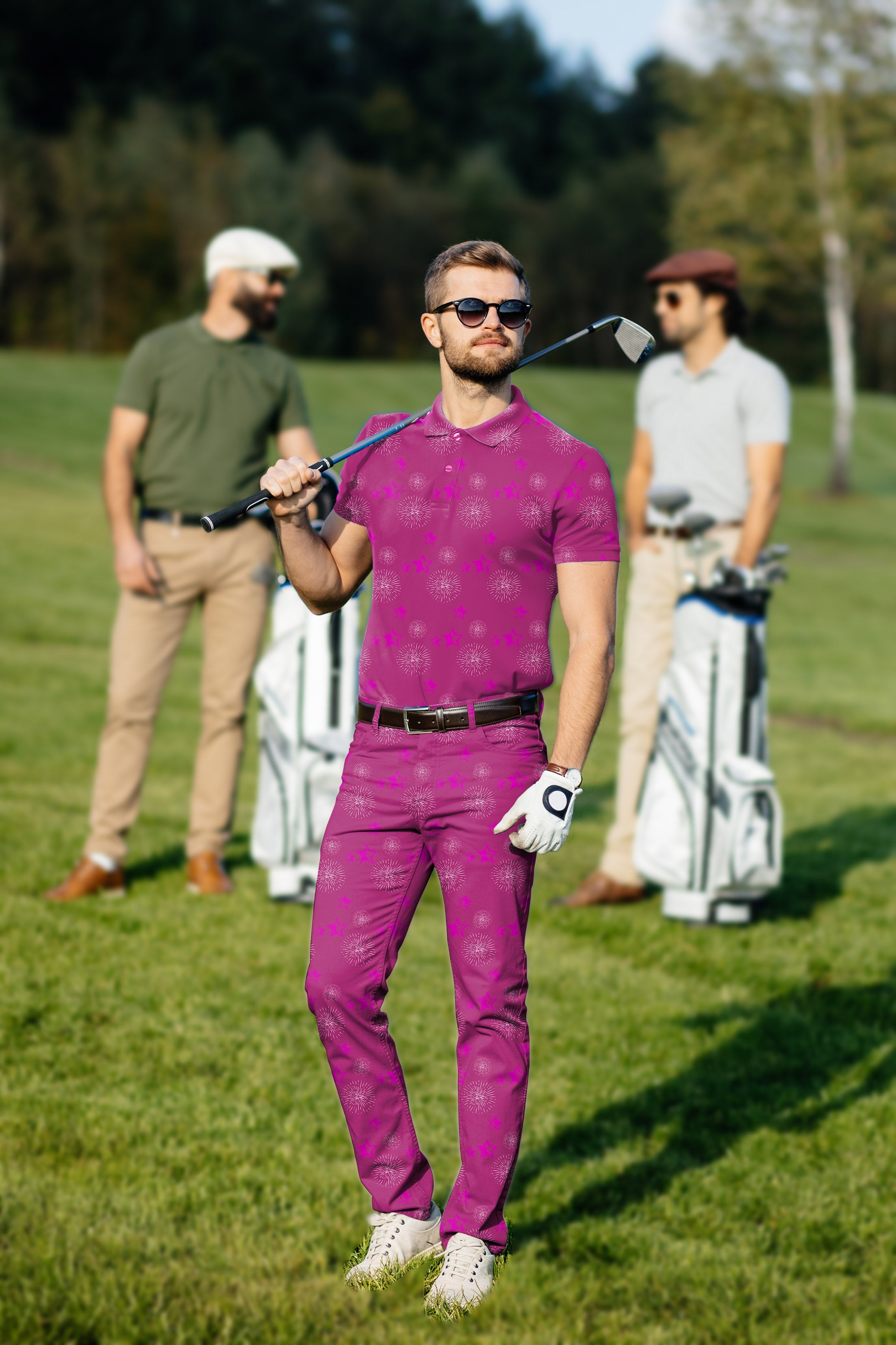 Men's golf set with pentagram print polo and pants in purple, breathable and stretchy fabric, modeled on golf course