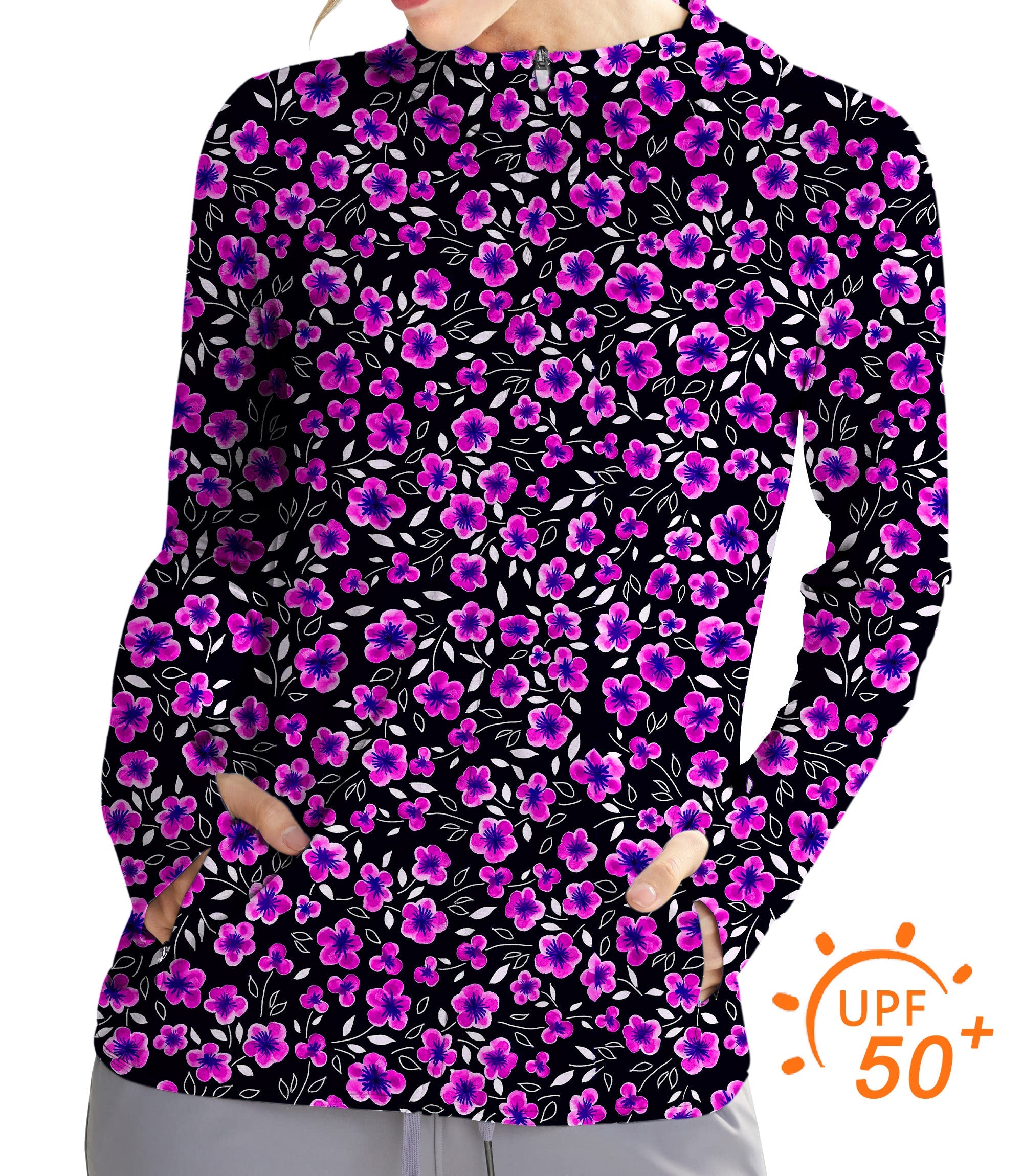 Women's outdoor floral slim fit golf hoodie with UPF 50+ sun protection