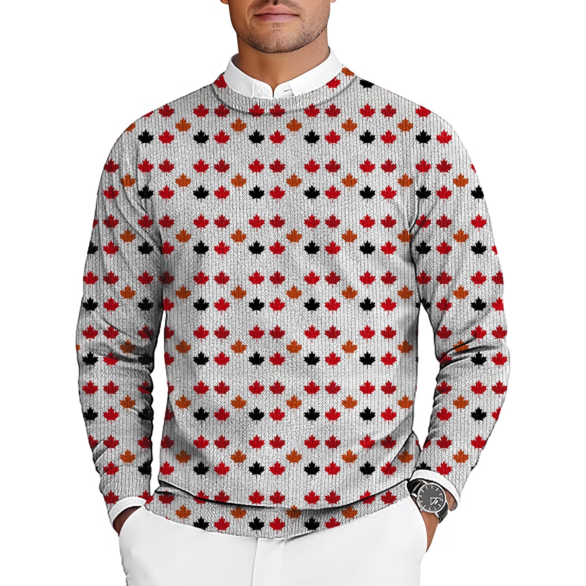 Canada Four Color Maple Leaves men's golf crewneck pullover sweater with red, orange, and black maple leaf pattern