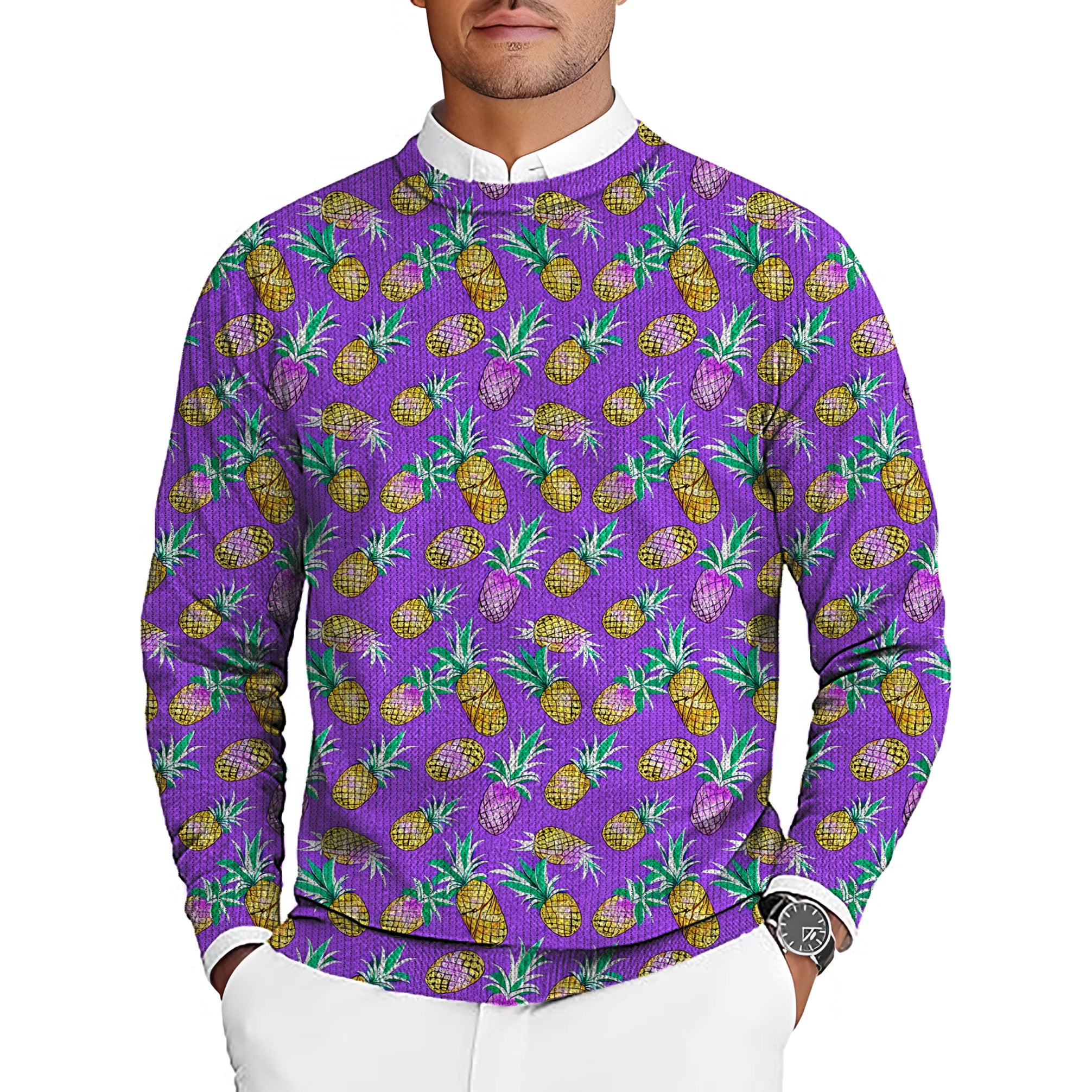 Purple Pineapple Men's Golf Crewneck Pullover Sweaters Ugly Sweater