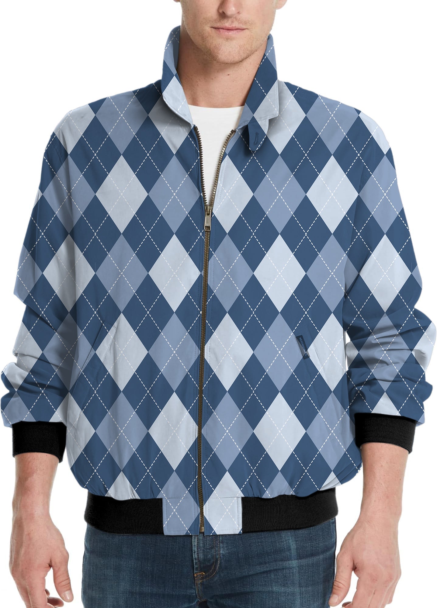 Blue argyle men's golf windbreaker light jacket with zip front and customizable team logo.