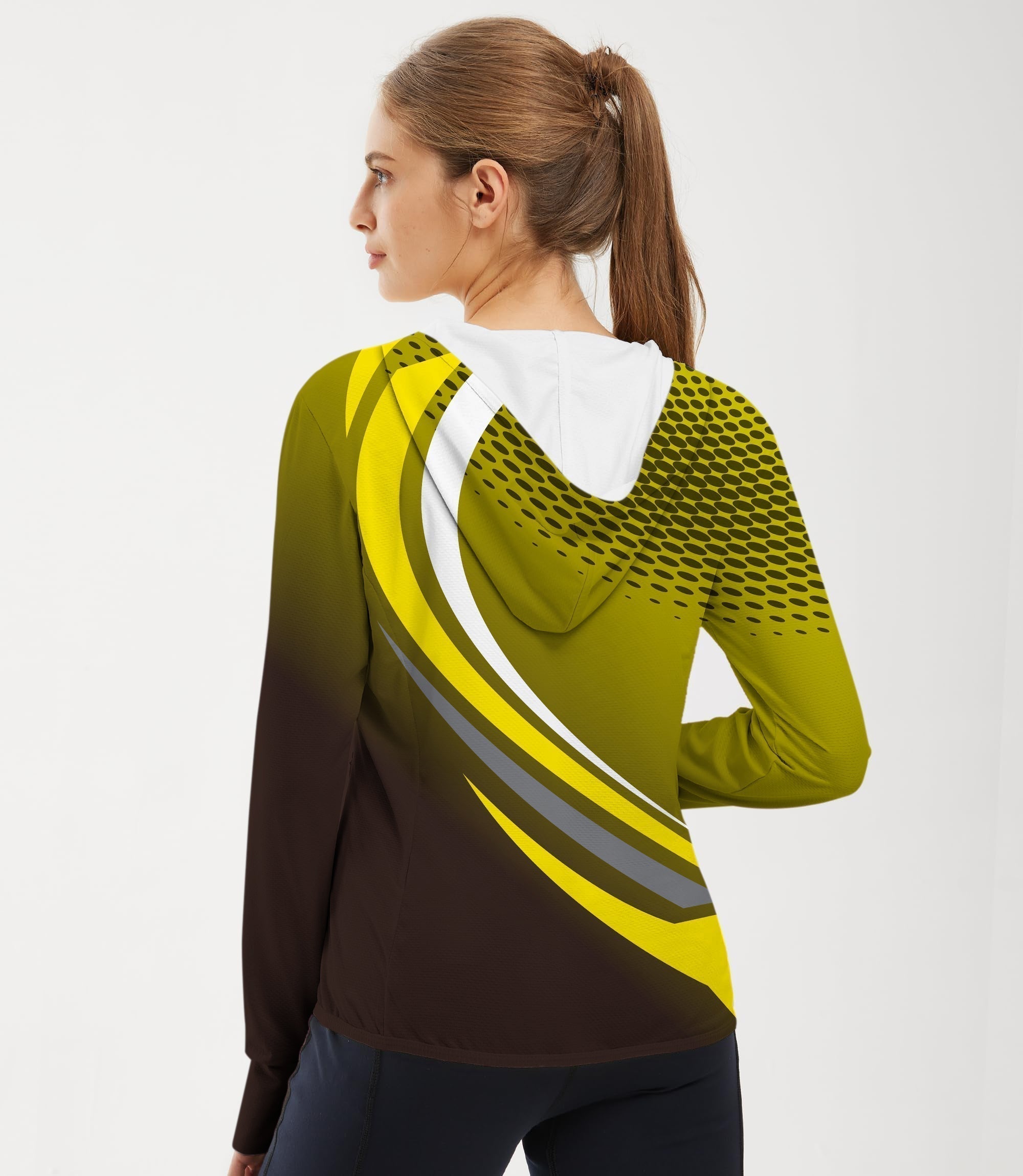Women’s outdoor slim fit yellow and black sport hoodie with sun protection and moisture-wicking fabric