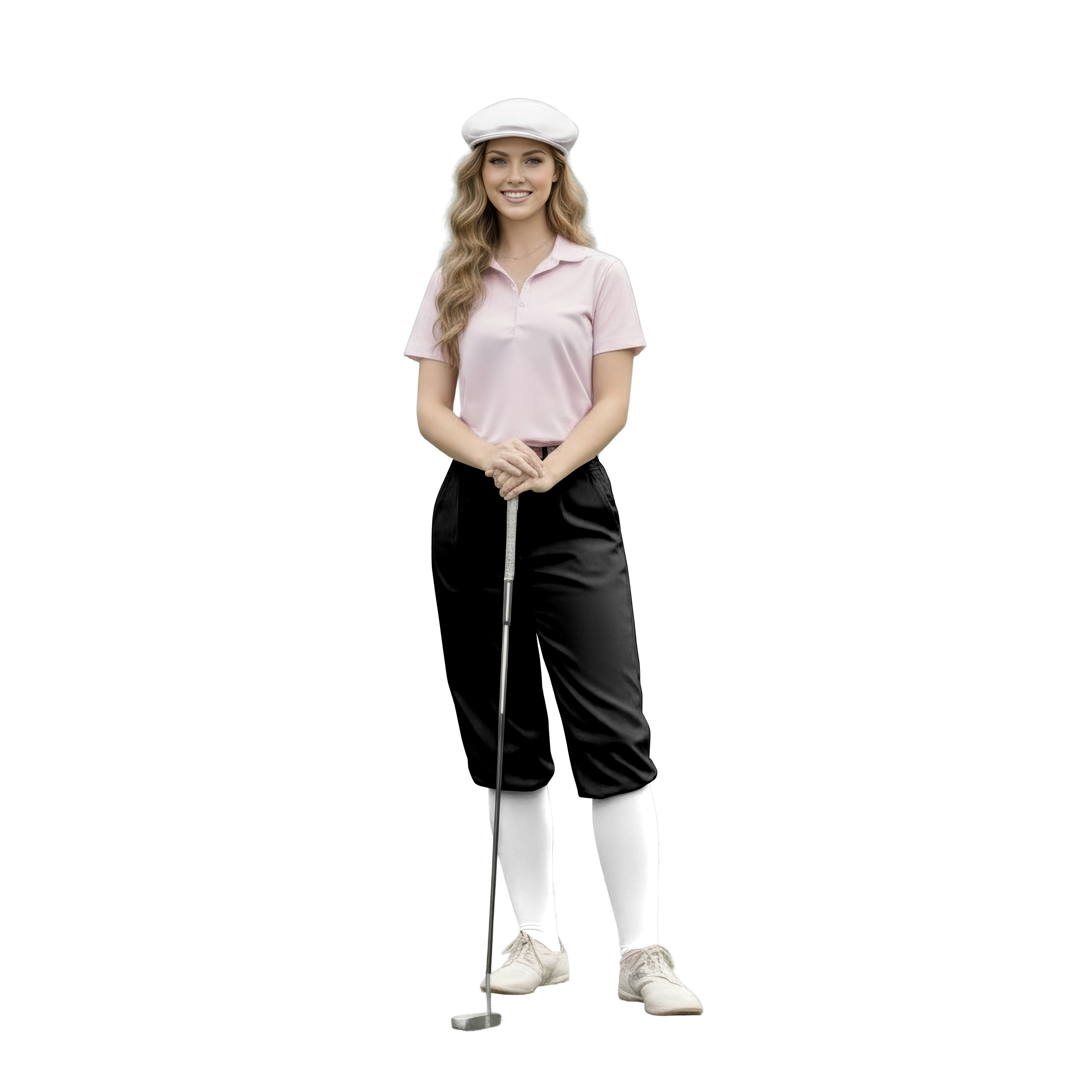 Black womens golf knickers pants worn by female golfer with pink polo and white cap