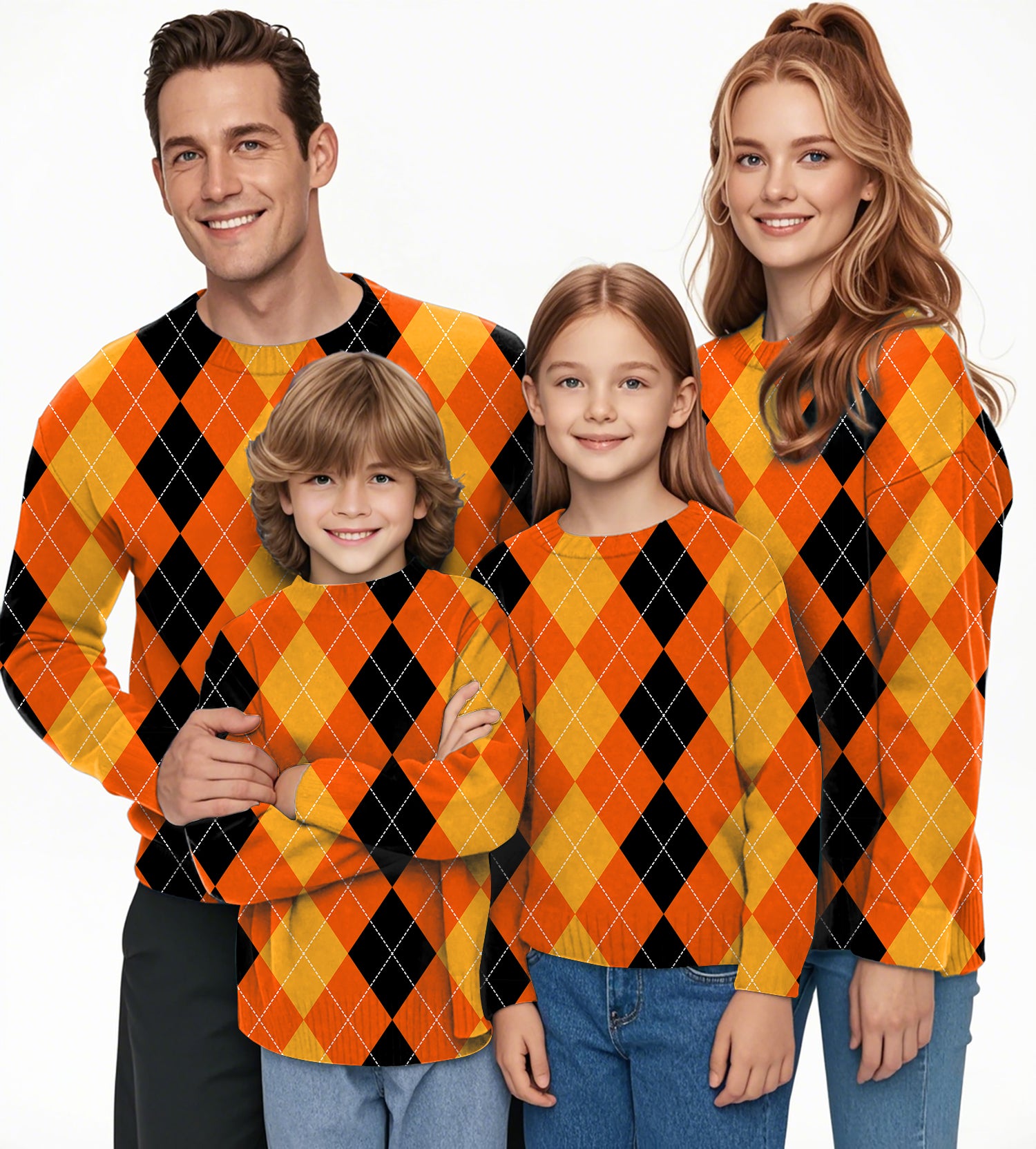 Halloween Black Yellow Orange Argyle Crewneck Pullover Ugly Sweater Men Women boy girl family