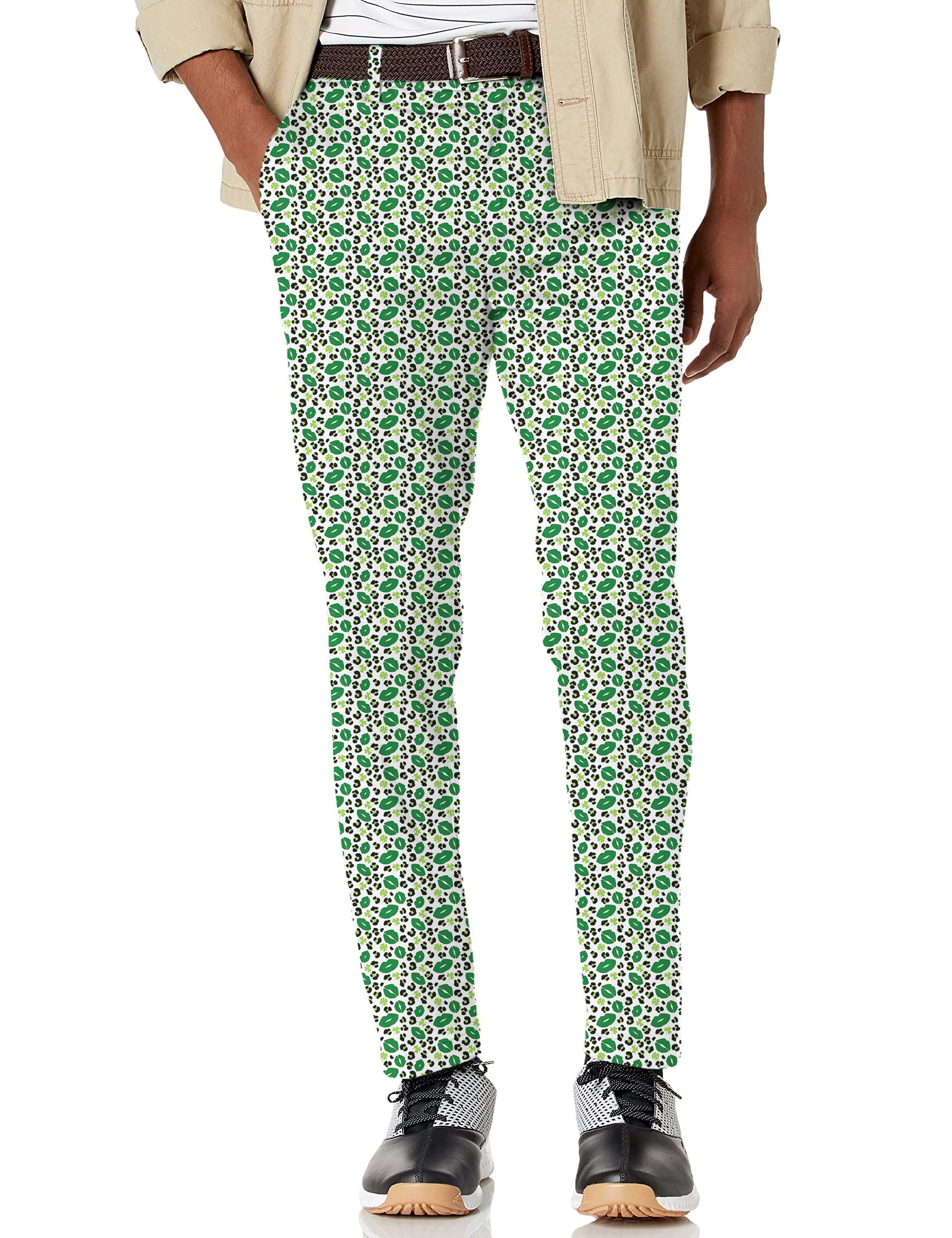 Men's green leopard print St. Patrick's Day stretch golf pants with moisture-wicking fabric and active waistband