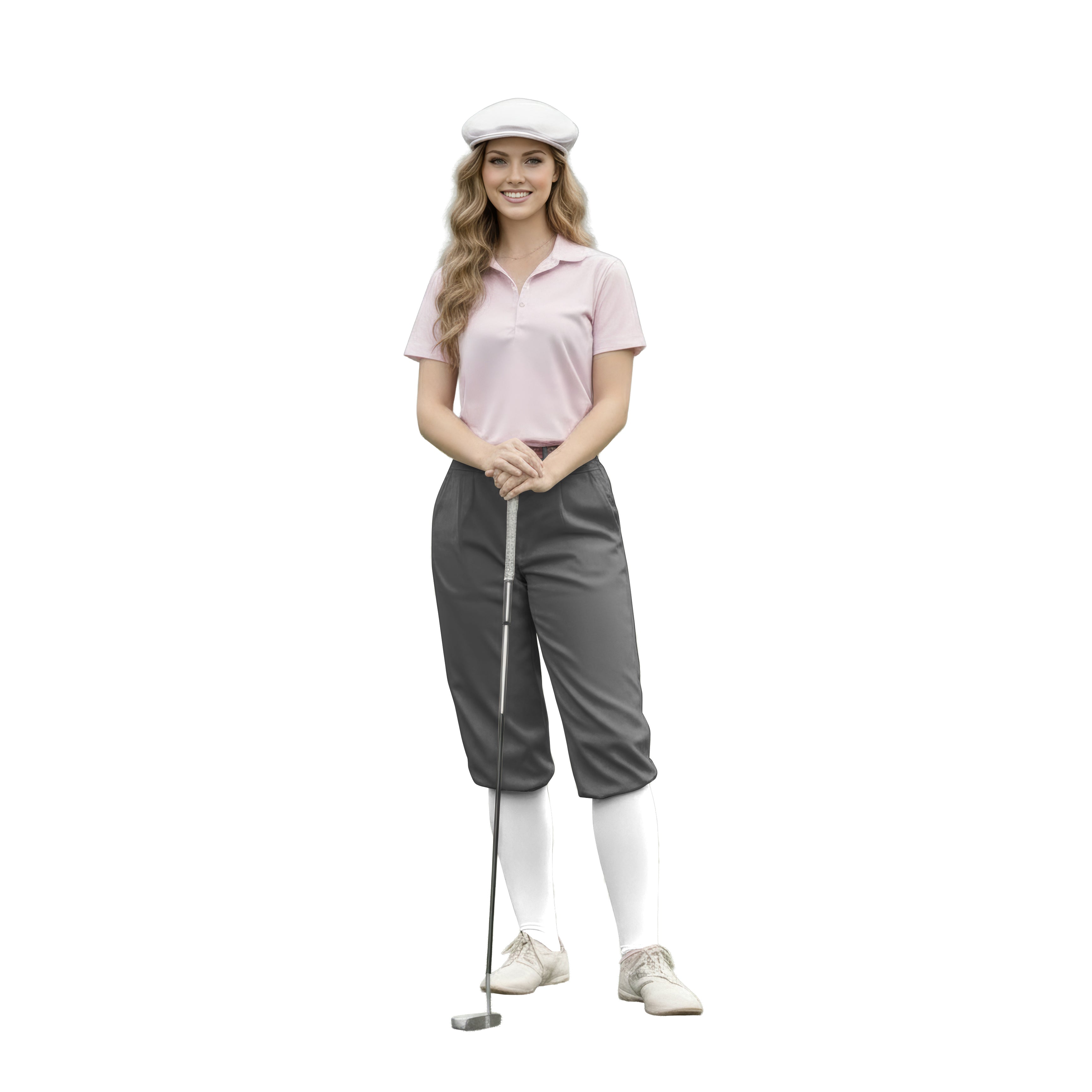 woman wearing pure charcoal womens golf knickers with polo and cap holding golf club