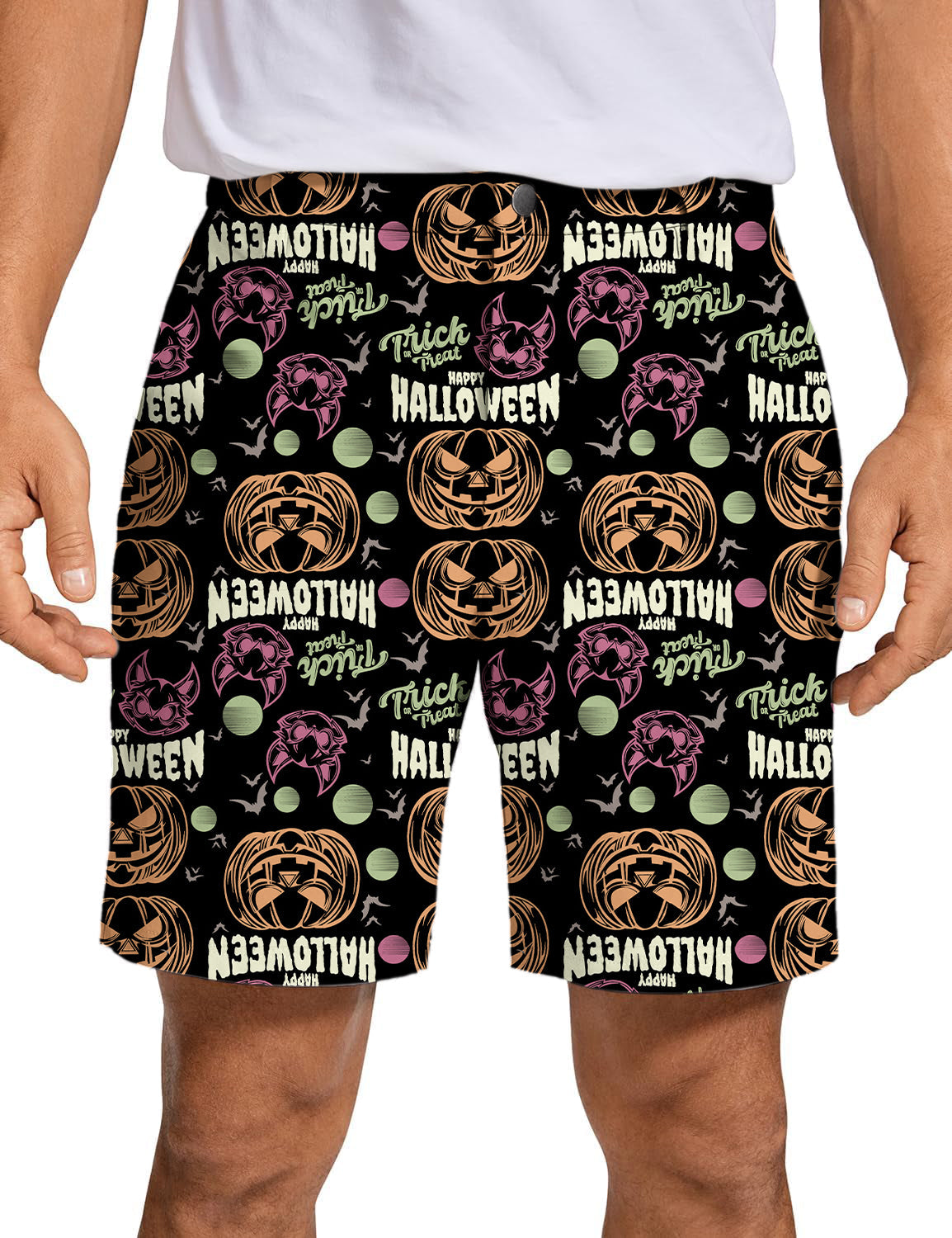 Men's Happy Halloween golf shorts with colorful pumpkin and spooky pattern design