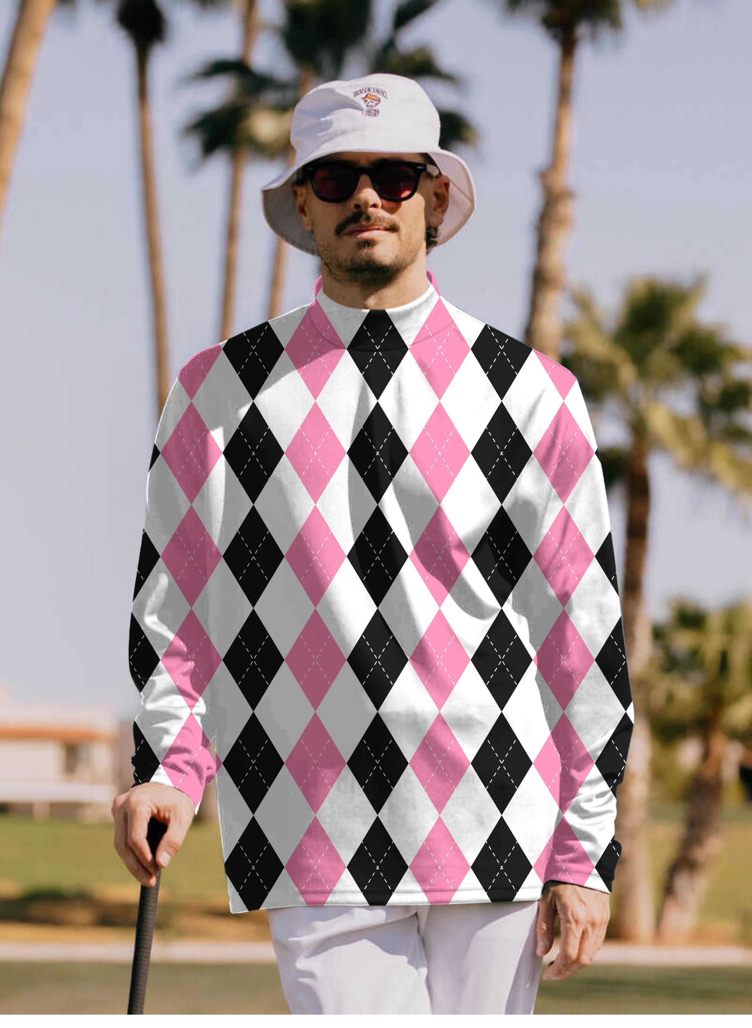 Men's pink black argyle Pullover High neck Long/Short sleeve T-Shirt