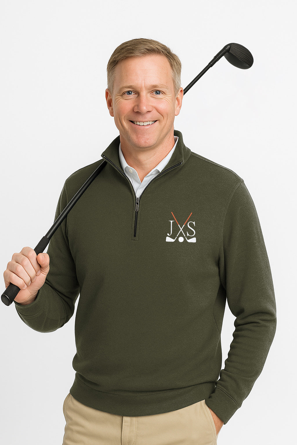 Plus size men's solid color green high neck hoodie with embroidery, rib knit cuffs, and front pouch pocket.