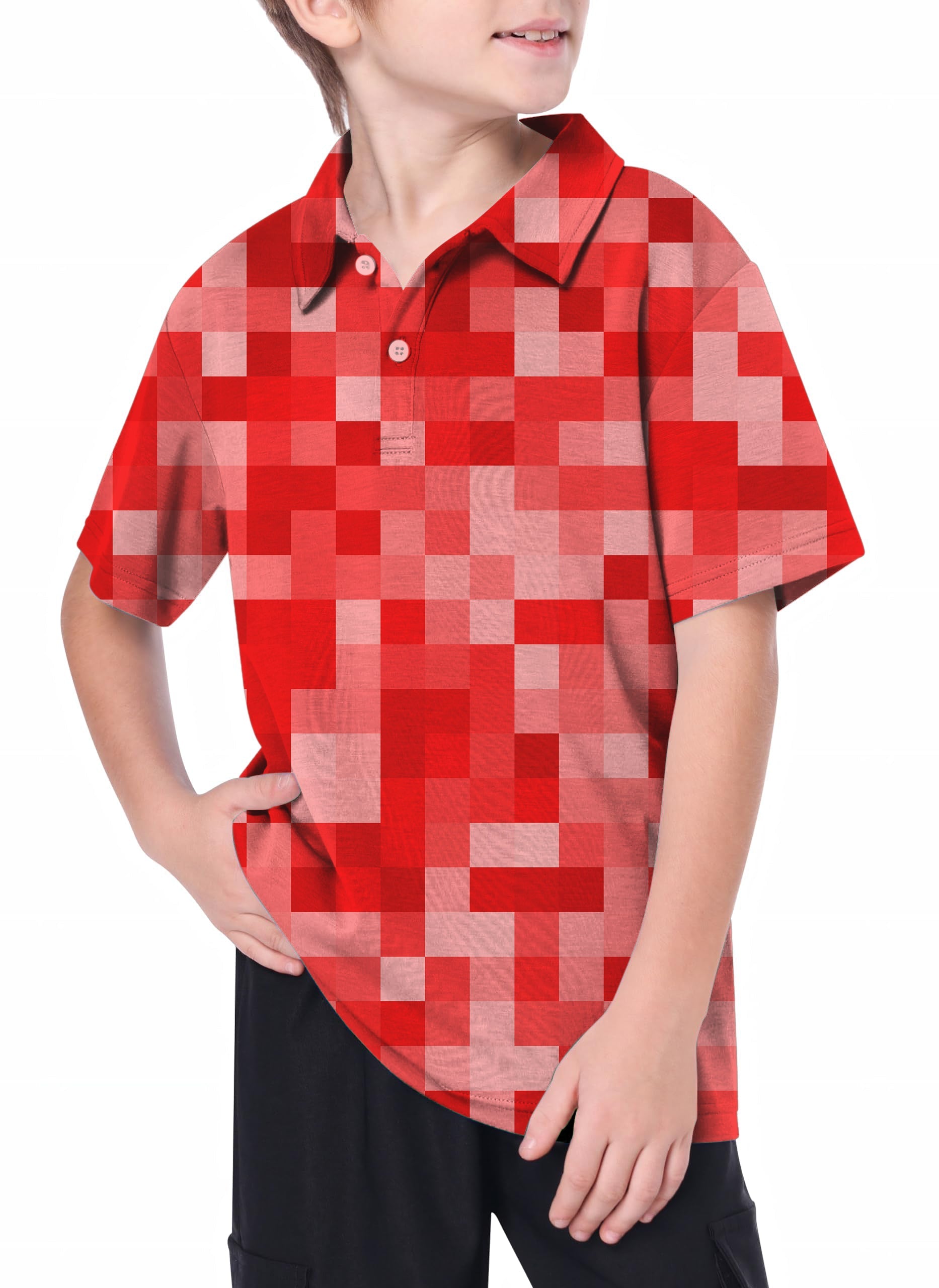 Youth red pixel big golf polo with 4-way stretch and moisture-wicking fabric
