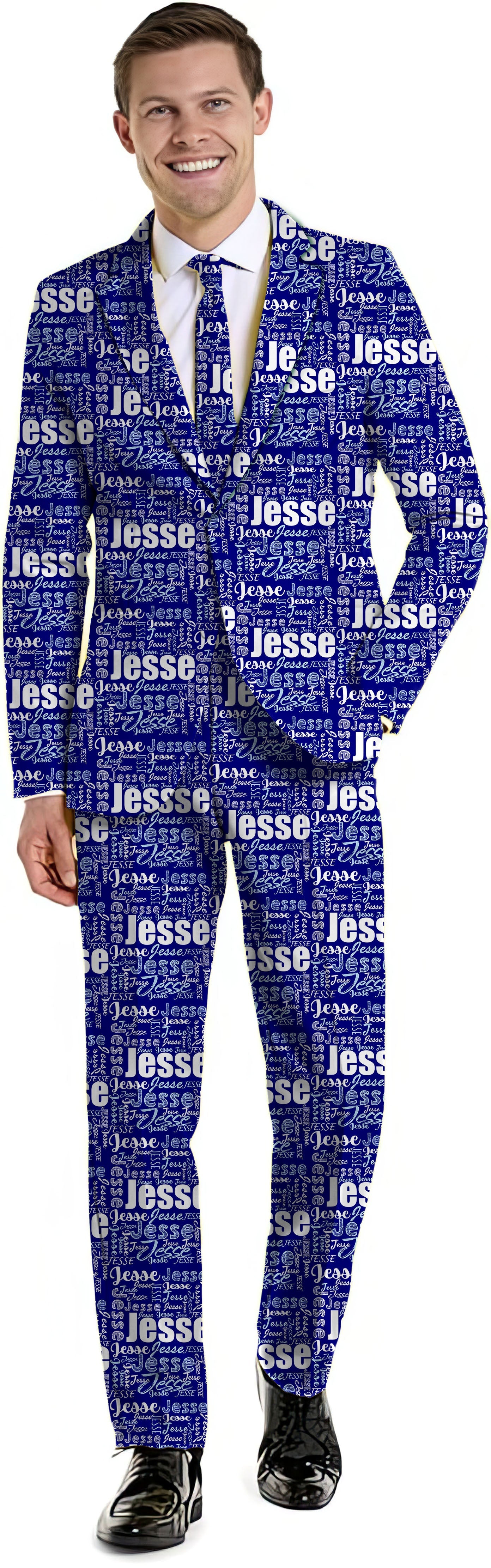 royal men's custom name party suit set with blazer, vest, and pants in blue text pattern