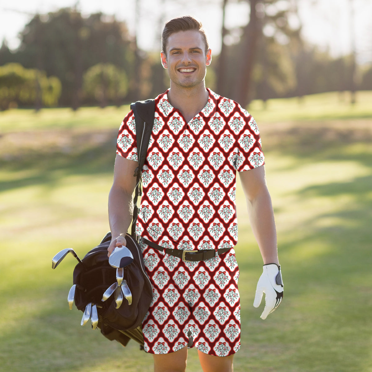 Men's Golf Set Polo+Shorts Christmas red holly