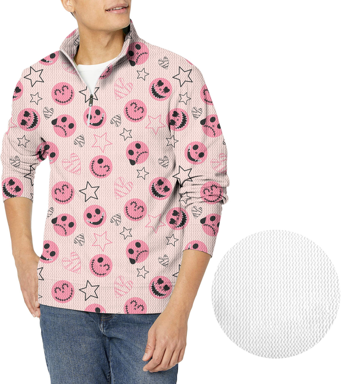 Halloween pink smiley face Men's Golf Waffle Zipper Pullover