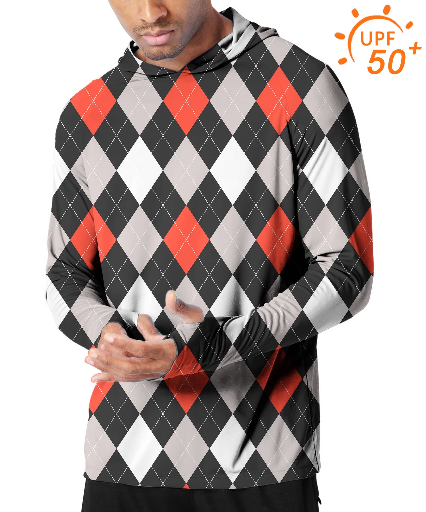 Men's outdoor argyle slim fit red black hoodie with UPF 50+ sun protection