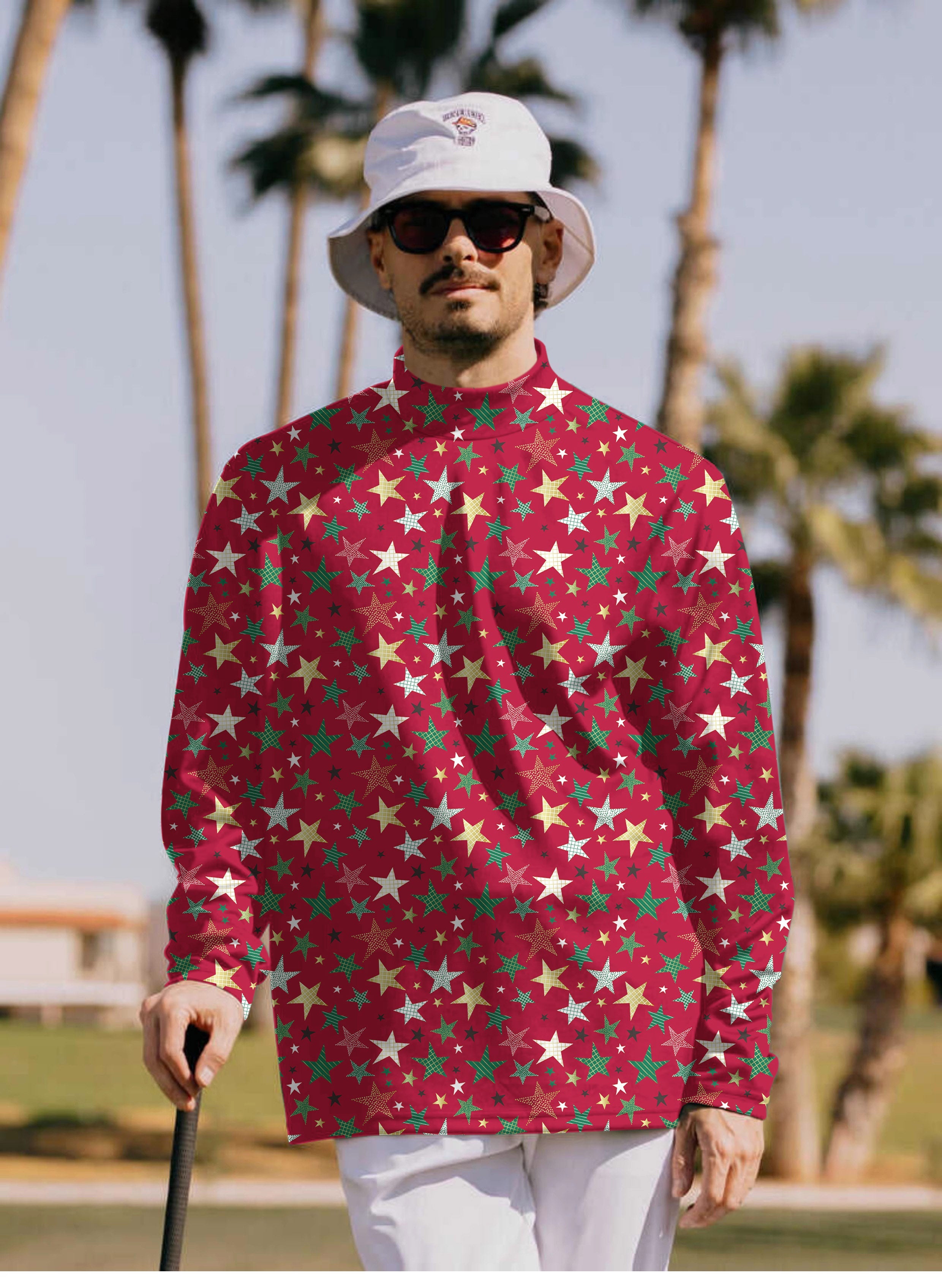 Men's colorful stars Christmas pullover with high neck long sleeve shirt on man outdoors