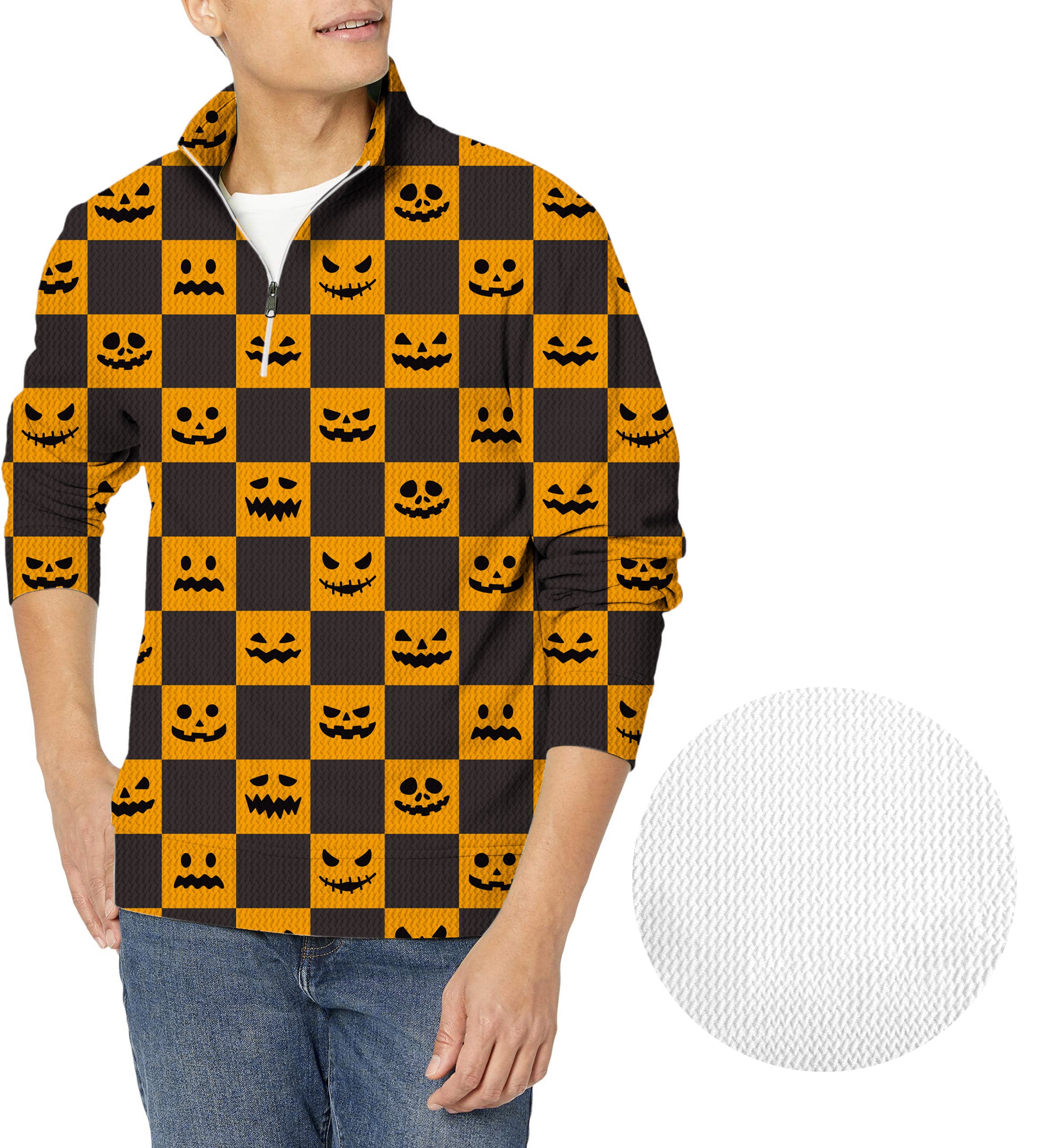 Halloween black and yellow checkerboard pumpkin Men's Golf Waffle Zipper Pullover