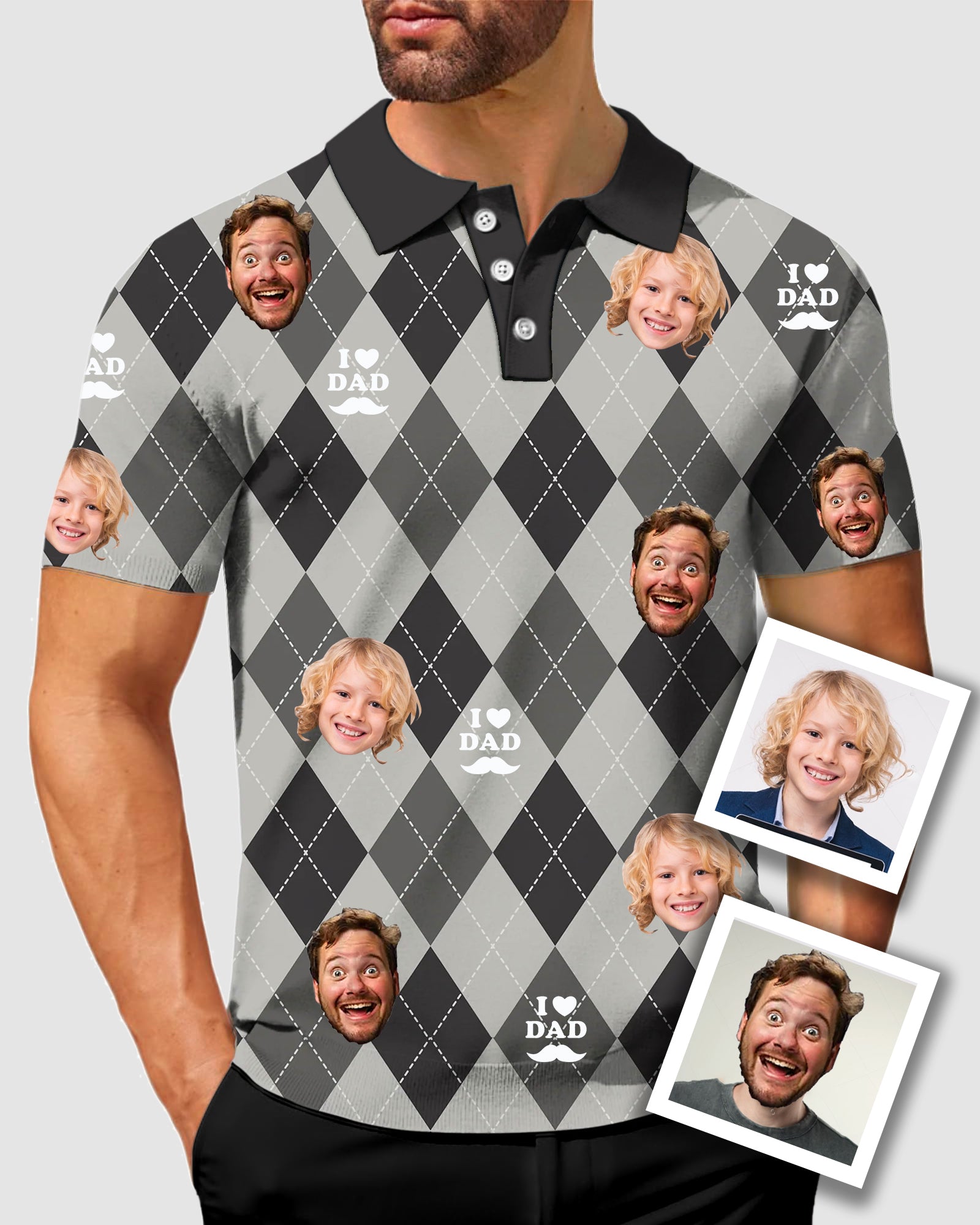 Men'sTo My Dad Custom Face Grey Argyle Men's Golf Polo Father's Day Gift Polo