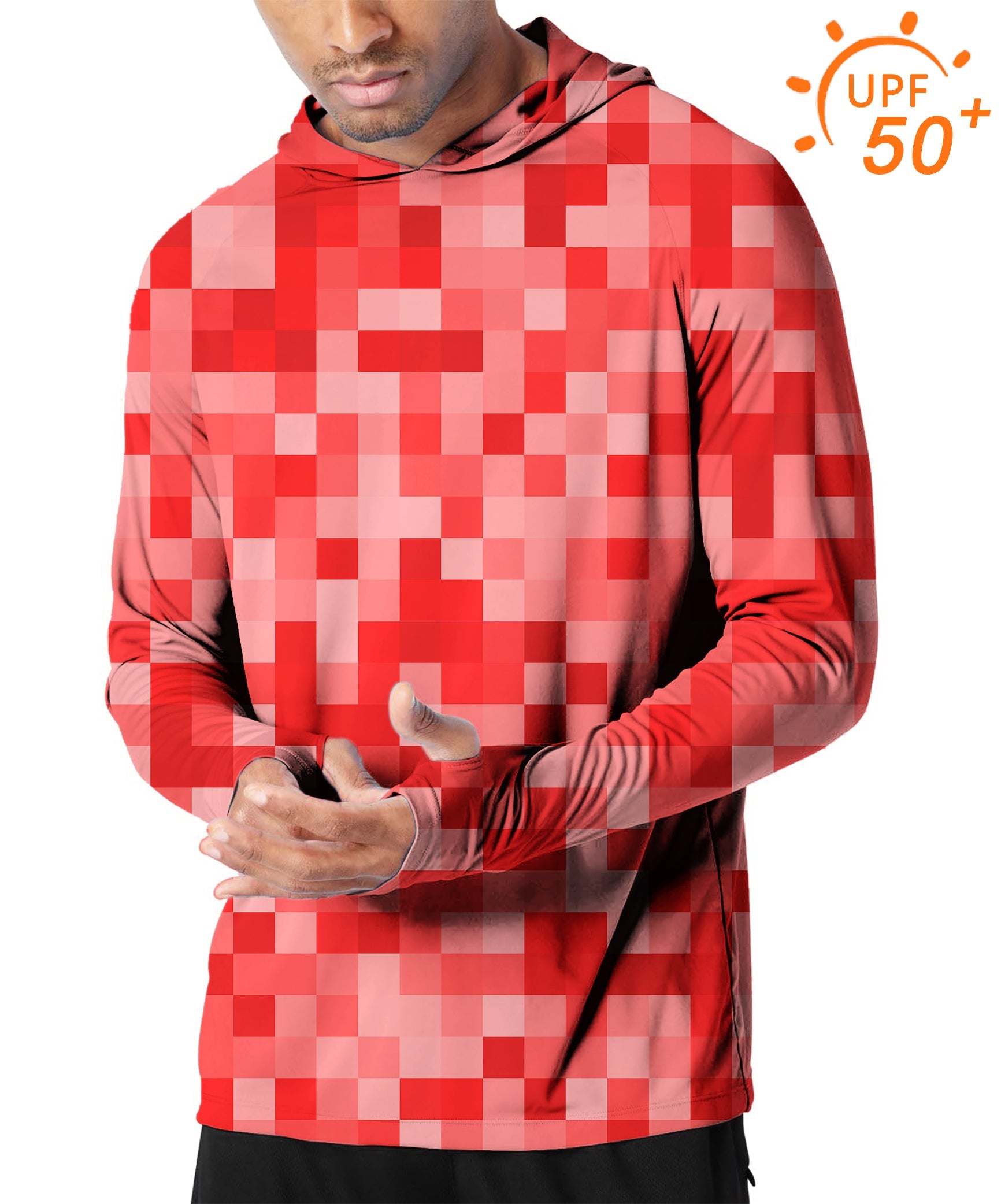 Men's outdoor red pixel big golf hoodie with UPF 50+ sun protection and slim fit design