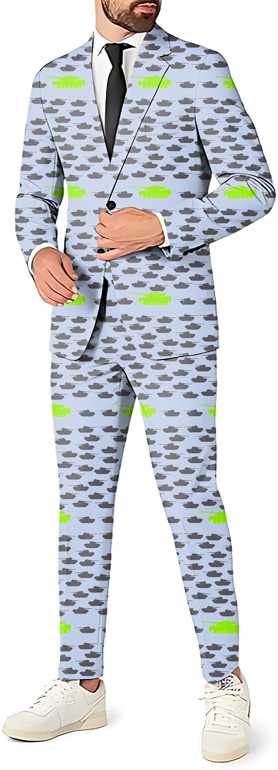 Tank Group Men's party suit set with blazer, pants, and vest featuring tank and cloud pattern
