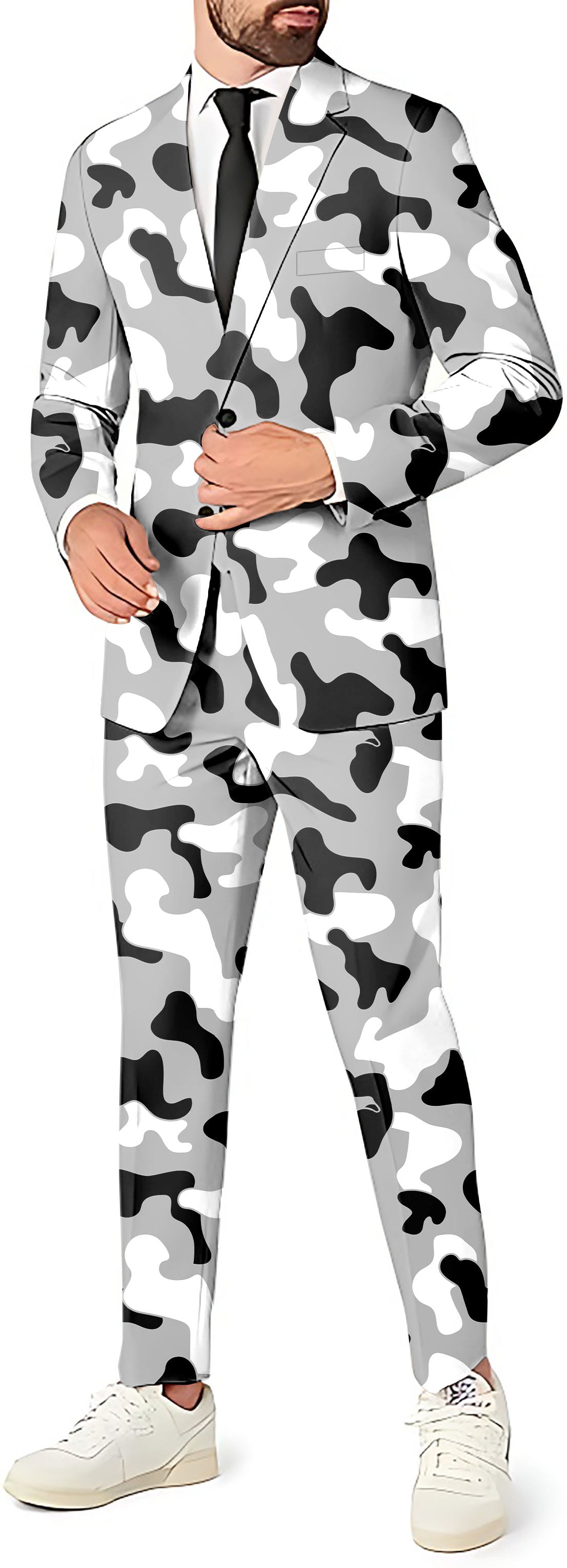 Grey camouflage men's slim fit party suit set with blazer, pants, and vest