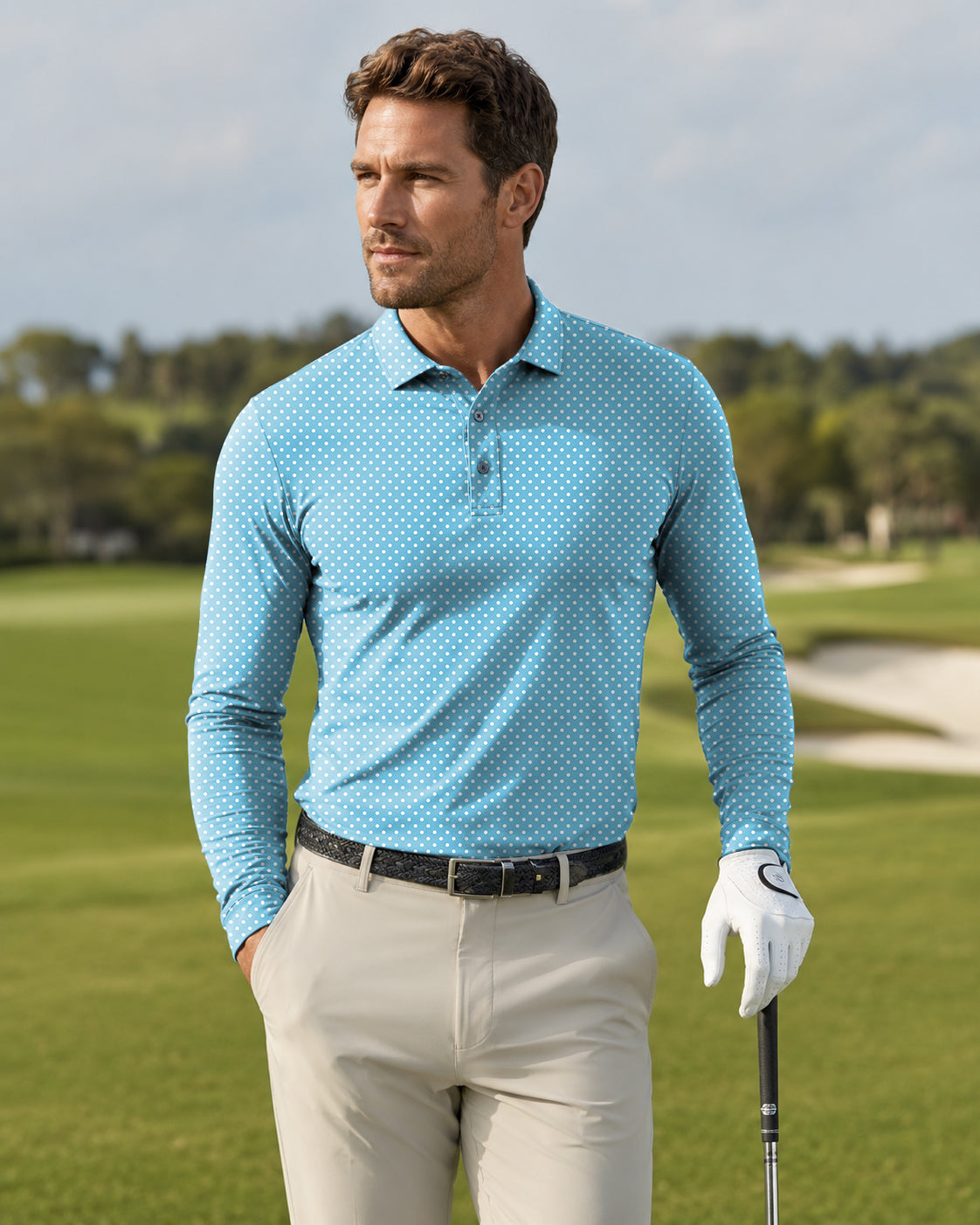 Men's white polka dots blue background Long-sleeved Polo