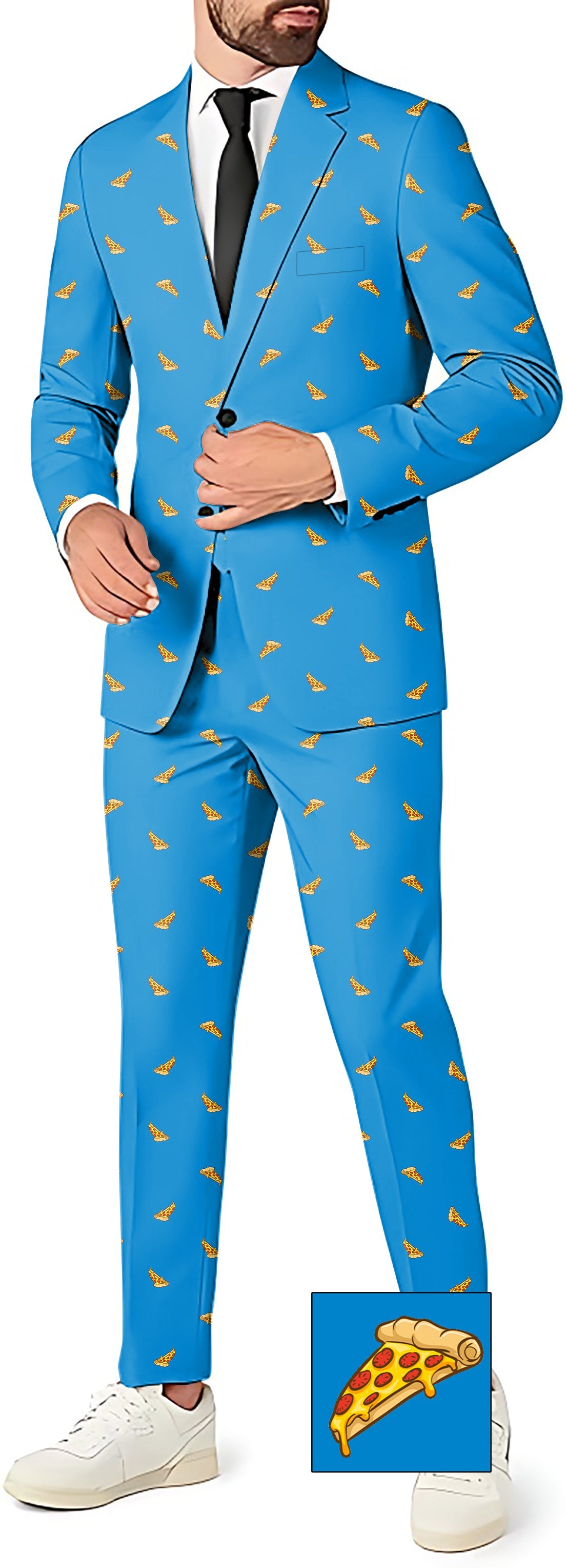 Men's custom white pizza themed blue blazer and pants suit set for parties