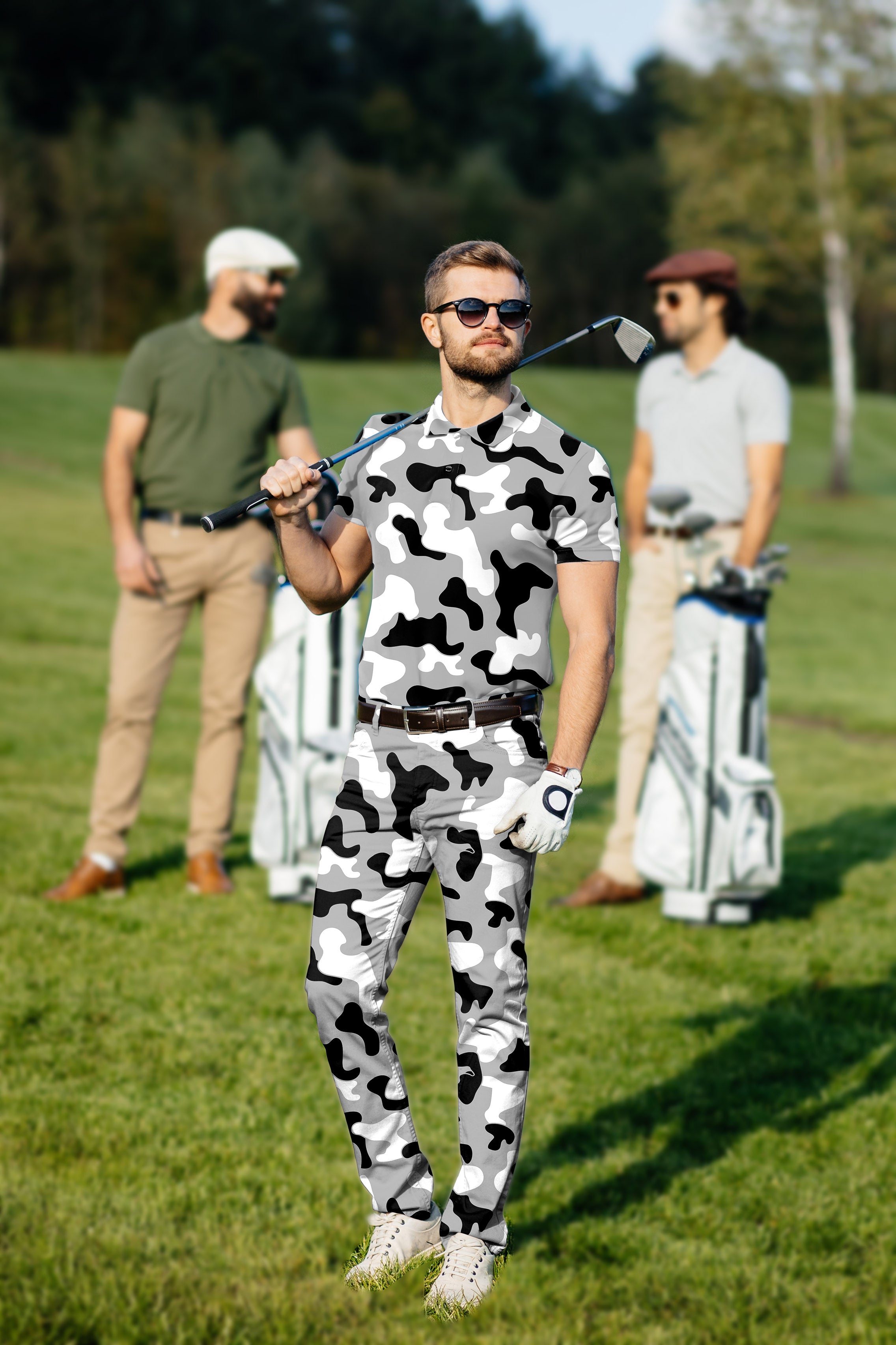 Men's Golf Set grey camouflage polo and pants worn by golfer on course with golf clubs in background