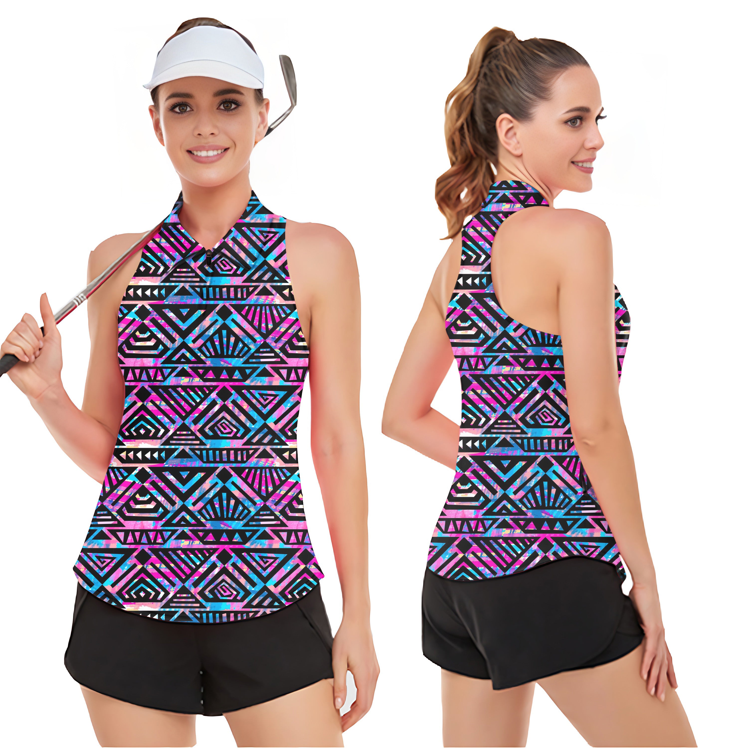 Purple grid Women’s Sleeveless Golf Tank Top Shirt Polo