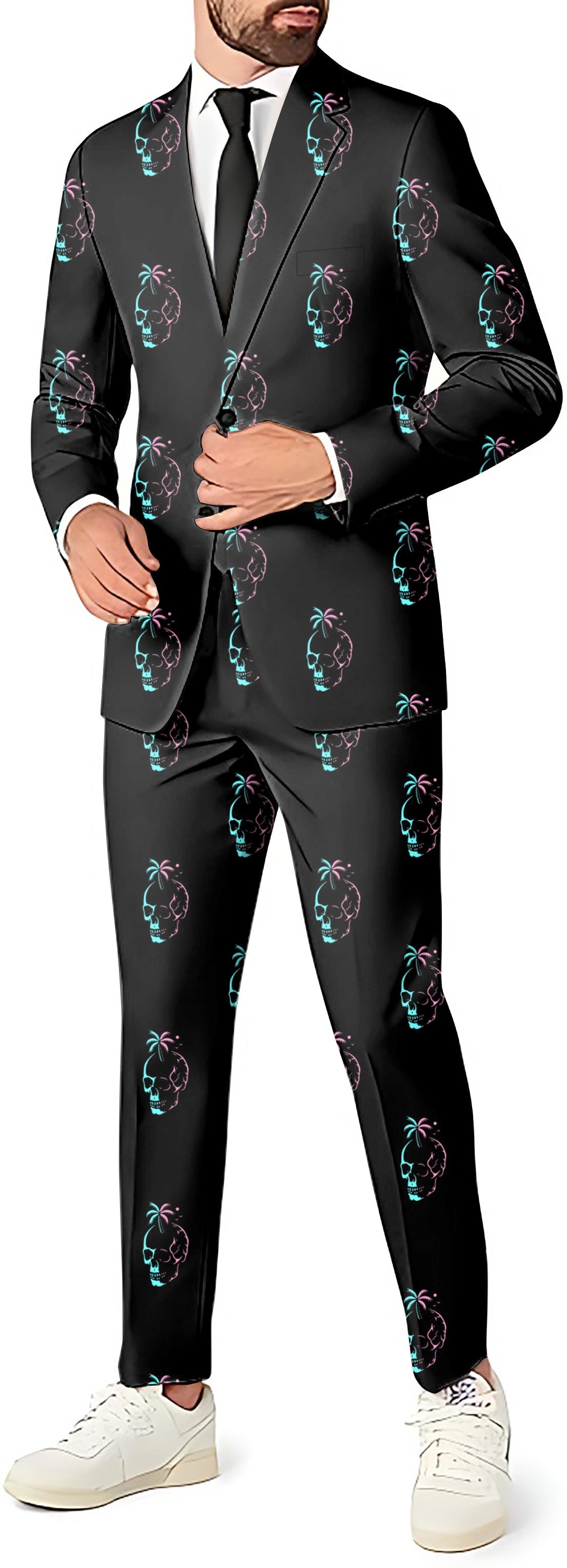 Palm Skulls men's slim fit party suit with blazer, pants, and vest featuring skull pattern