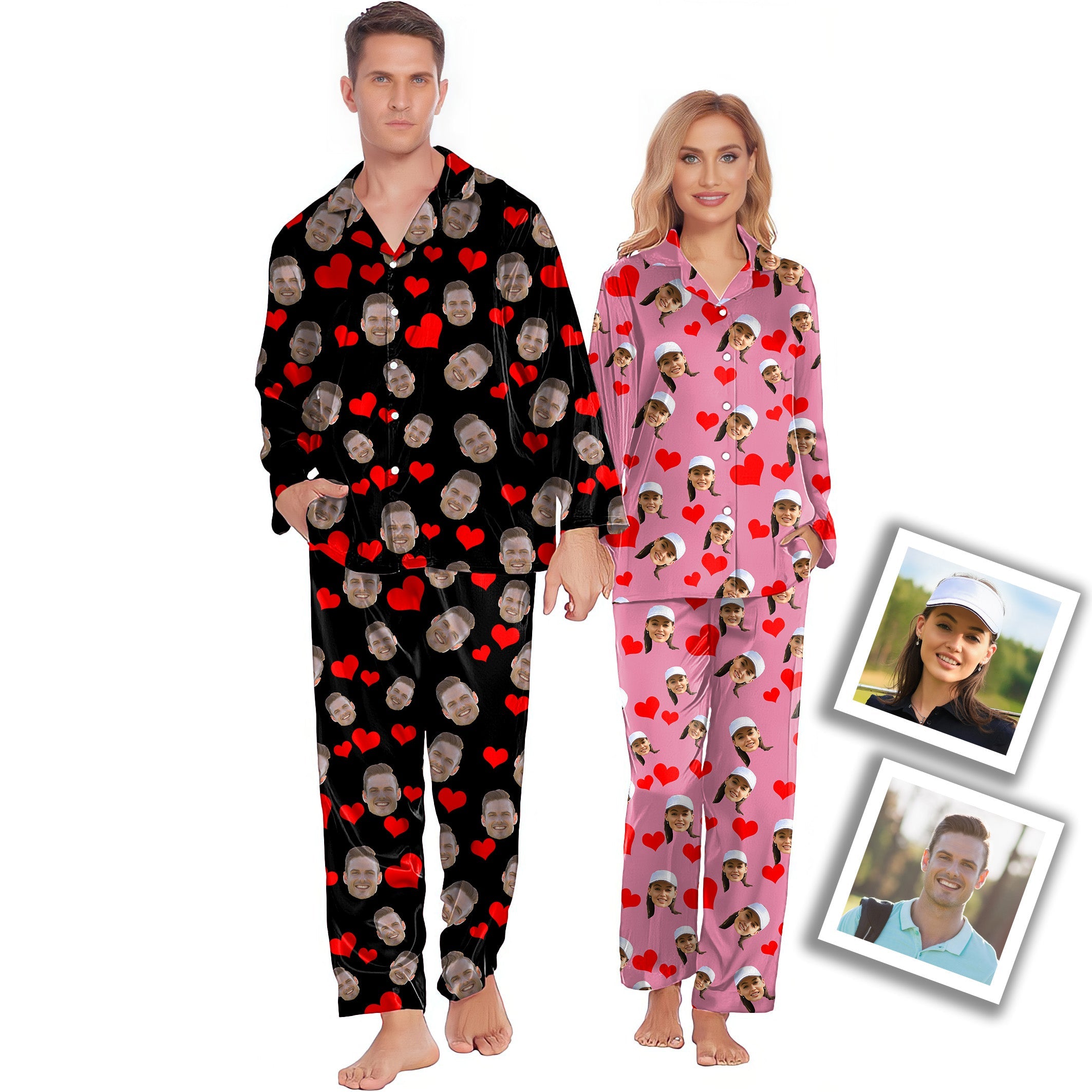 Custom red heart photo couples pajamas suit with long sleeve sleepwear and funny face prints for Valentine's Day