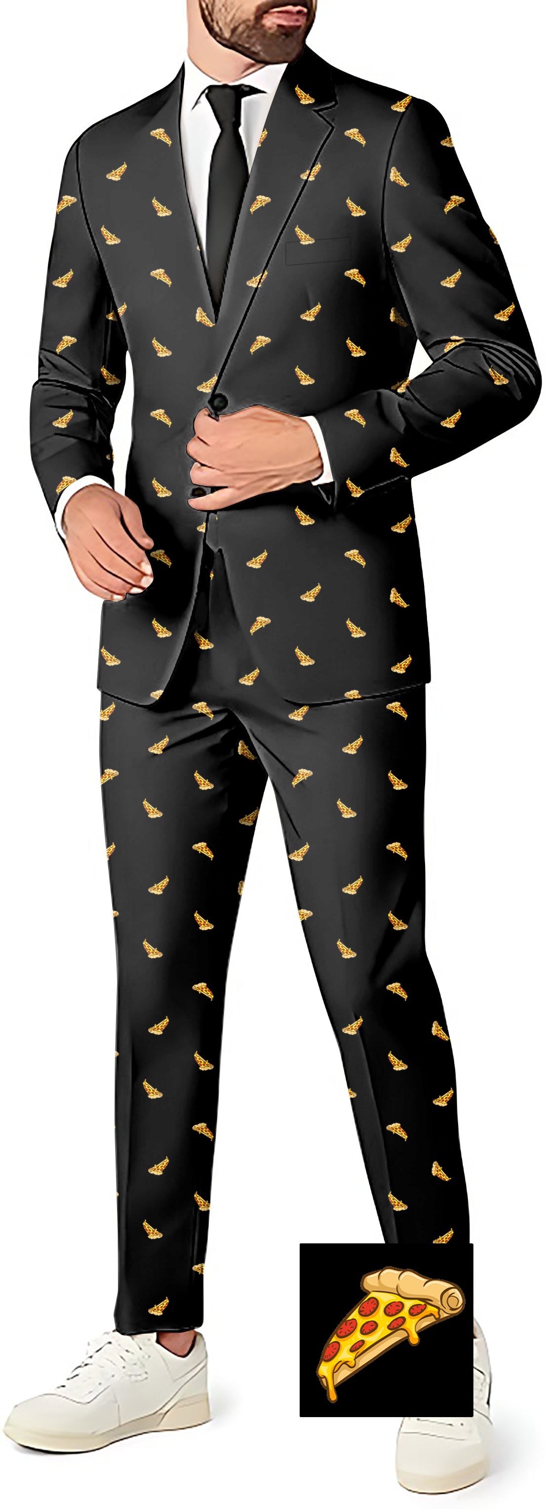 Men's black blazer and pants suit with white pizza slice pattern custom party costume set