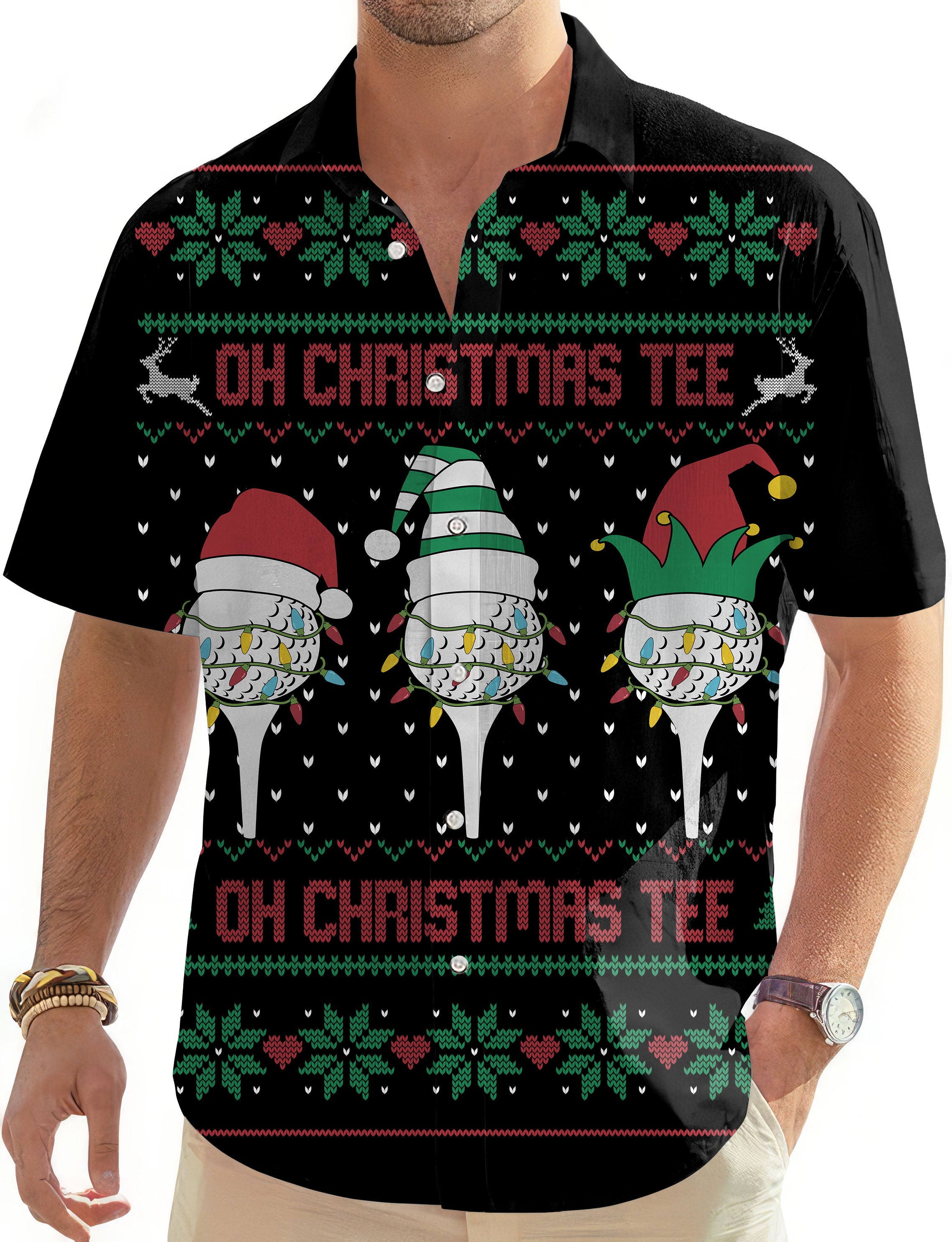 Black-Christmas Custom face Men's Golf Hawaiian Shirts Button Down Shirt