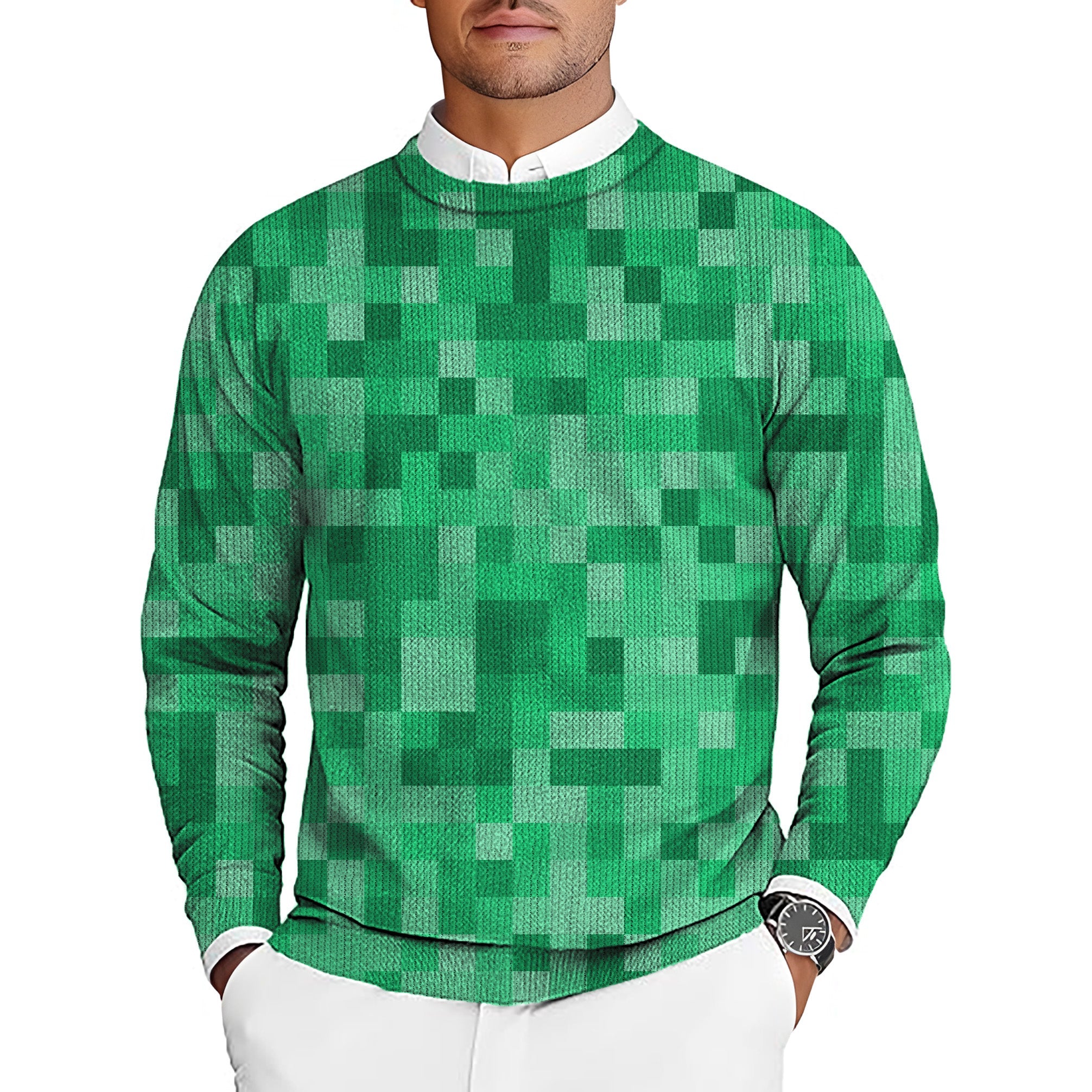 Green pixel big men's golf crewneck pullover sweater with pixel pattern
