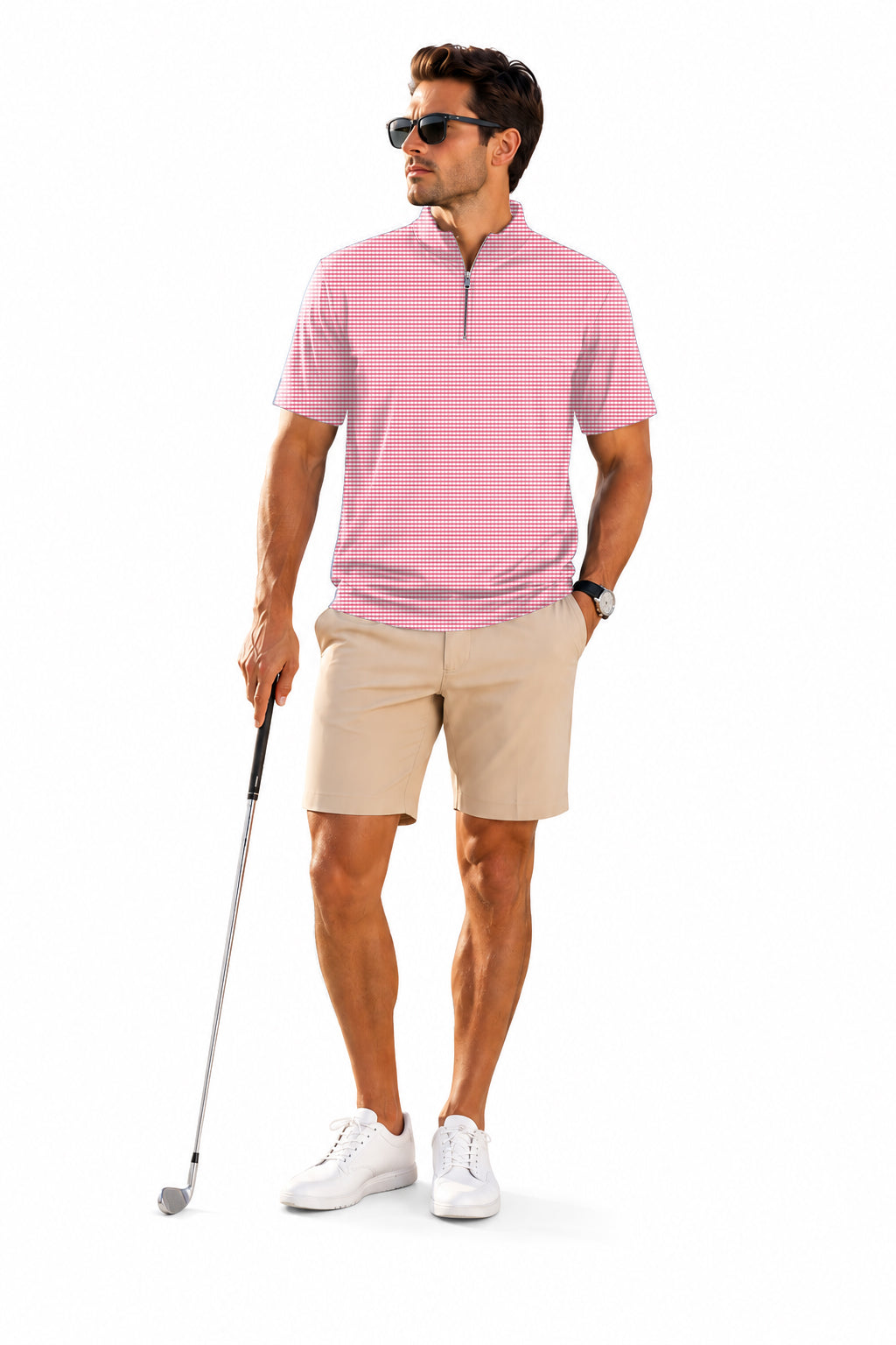 Men's Short Sleeve Quarter Zip Golf Pullover Pink striped and checkered squares