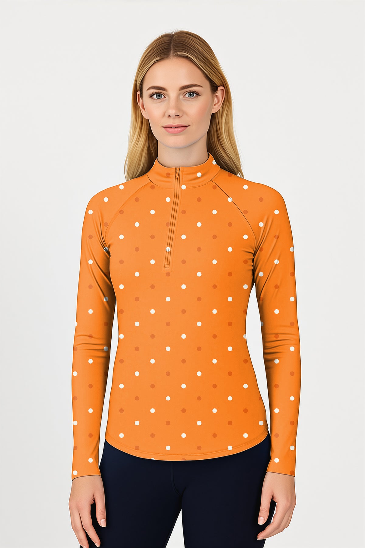 Halloween yellow and white polka dots Women's Golf Active 3/4 Zipper Top Long Sleeves