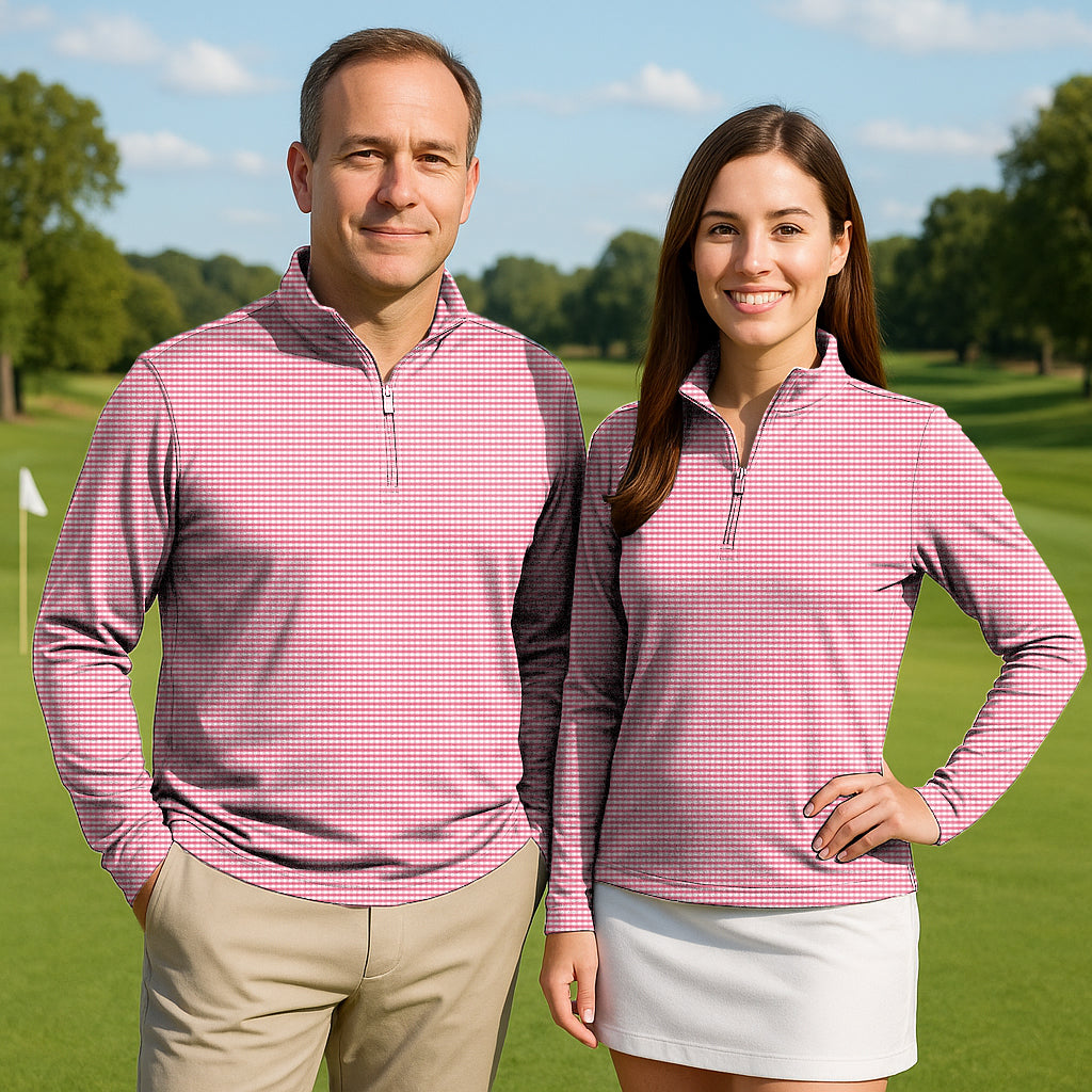 Pink striped and checkered squares Couple Golf Active 3/4 Zipper Top Long Sleeves