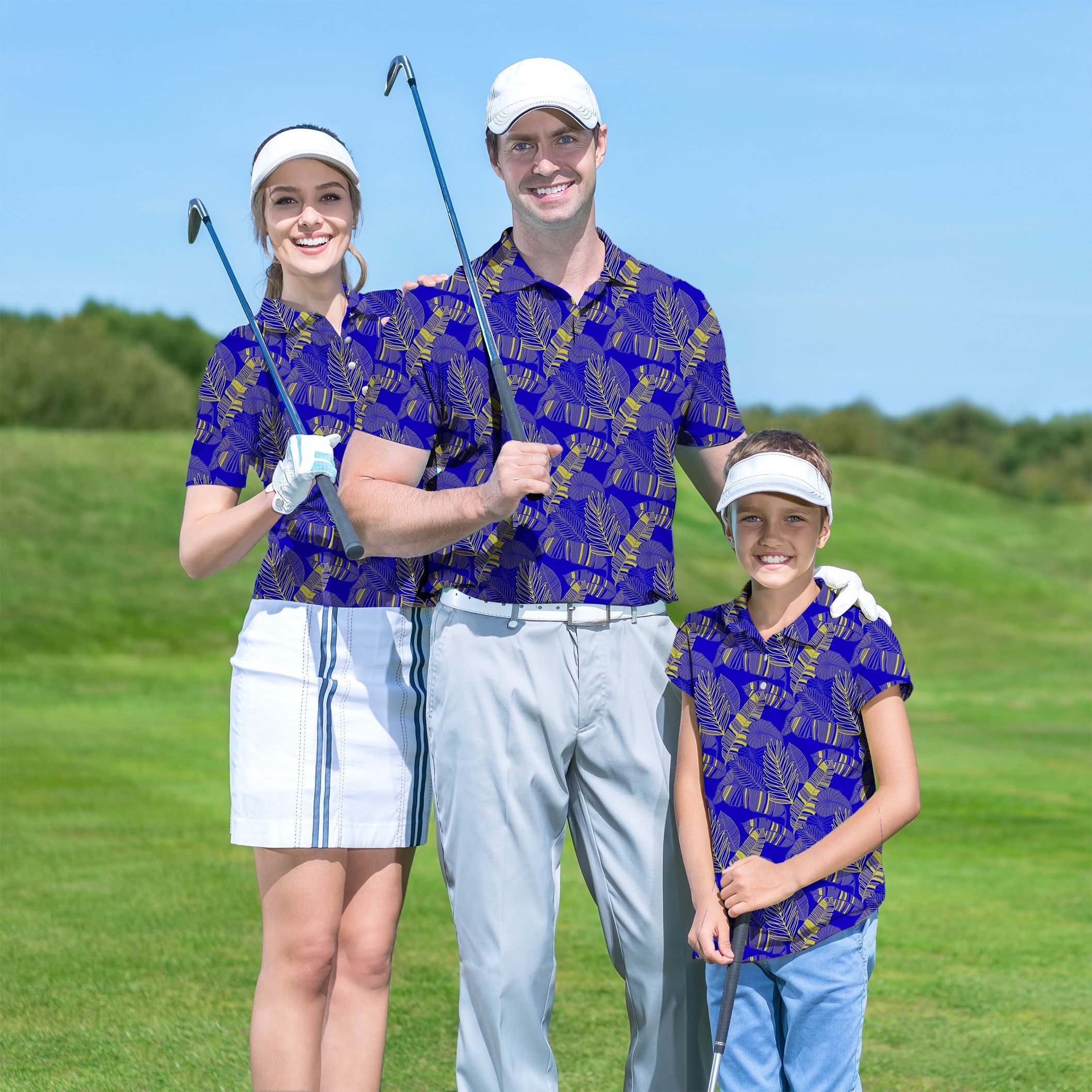 Family wearing matching yellow palm print golf shirts for Golf Championship Trophy tournament on grassy golf course