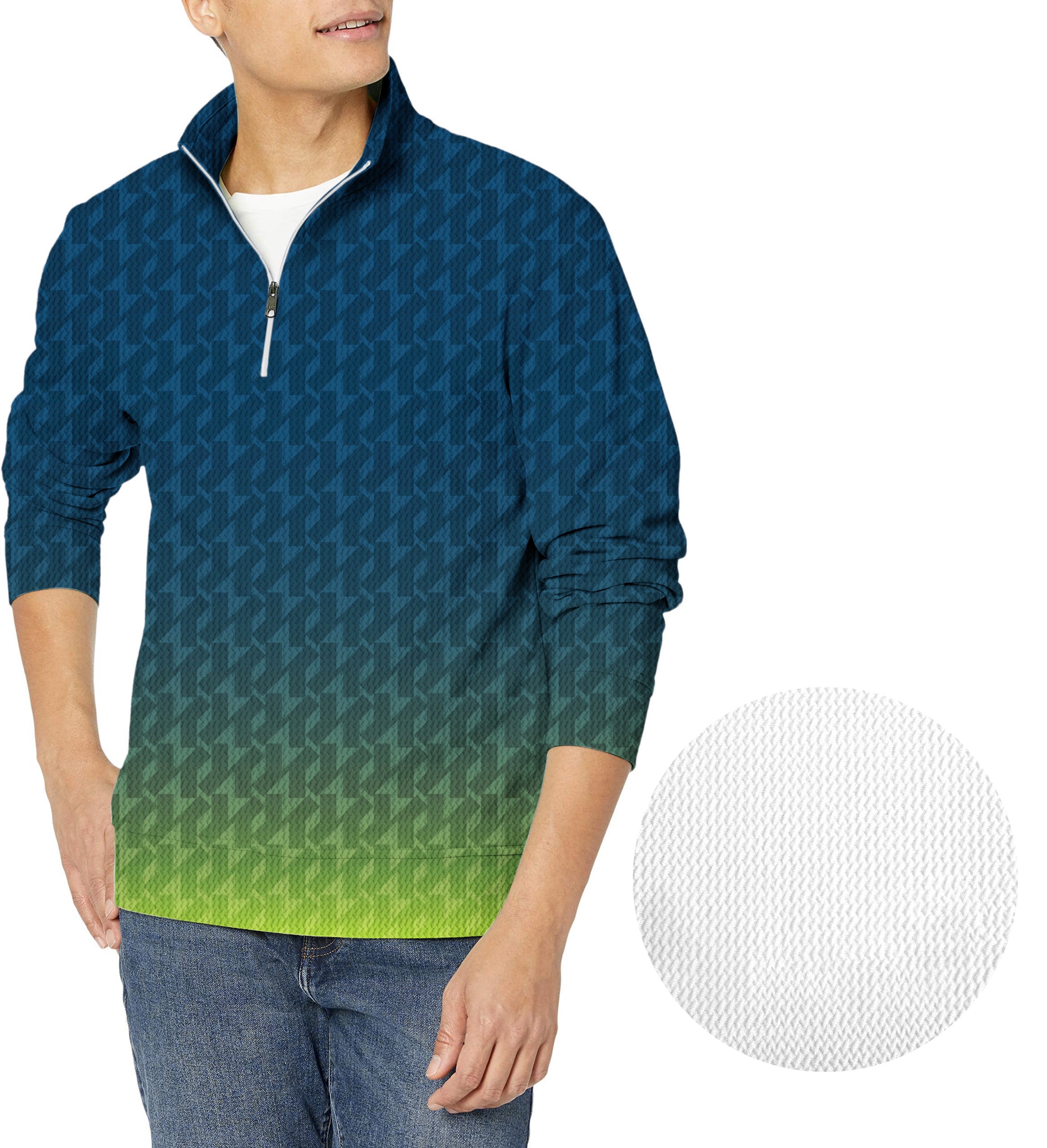 Men's golf pullover with blue to green gradient zipper and waffle texture