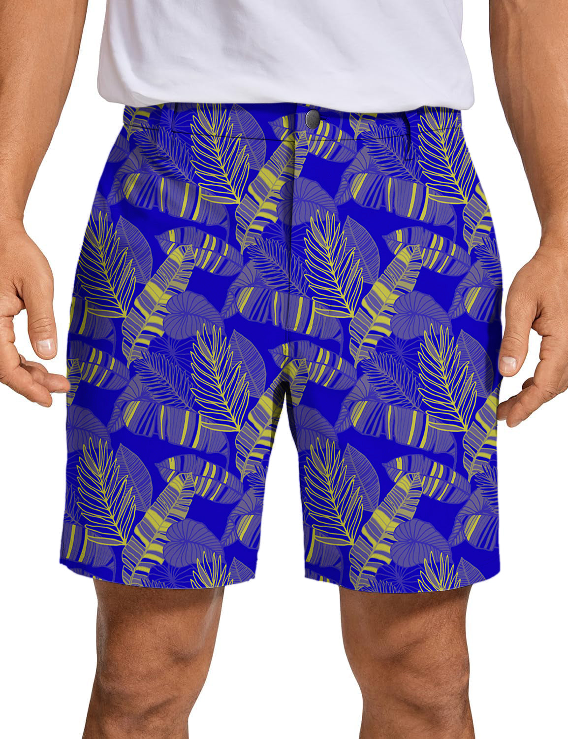 Men's golf shorts in blue with yellow palm leaf pattern, breathable, quick-dry, lightweight fabric for comfort and style