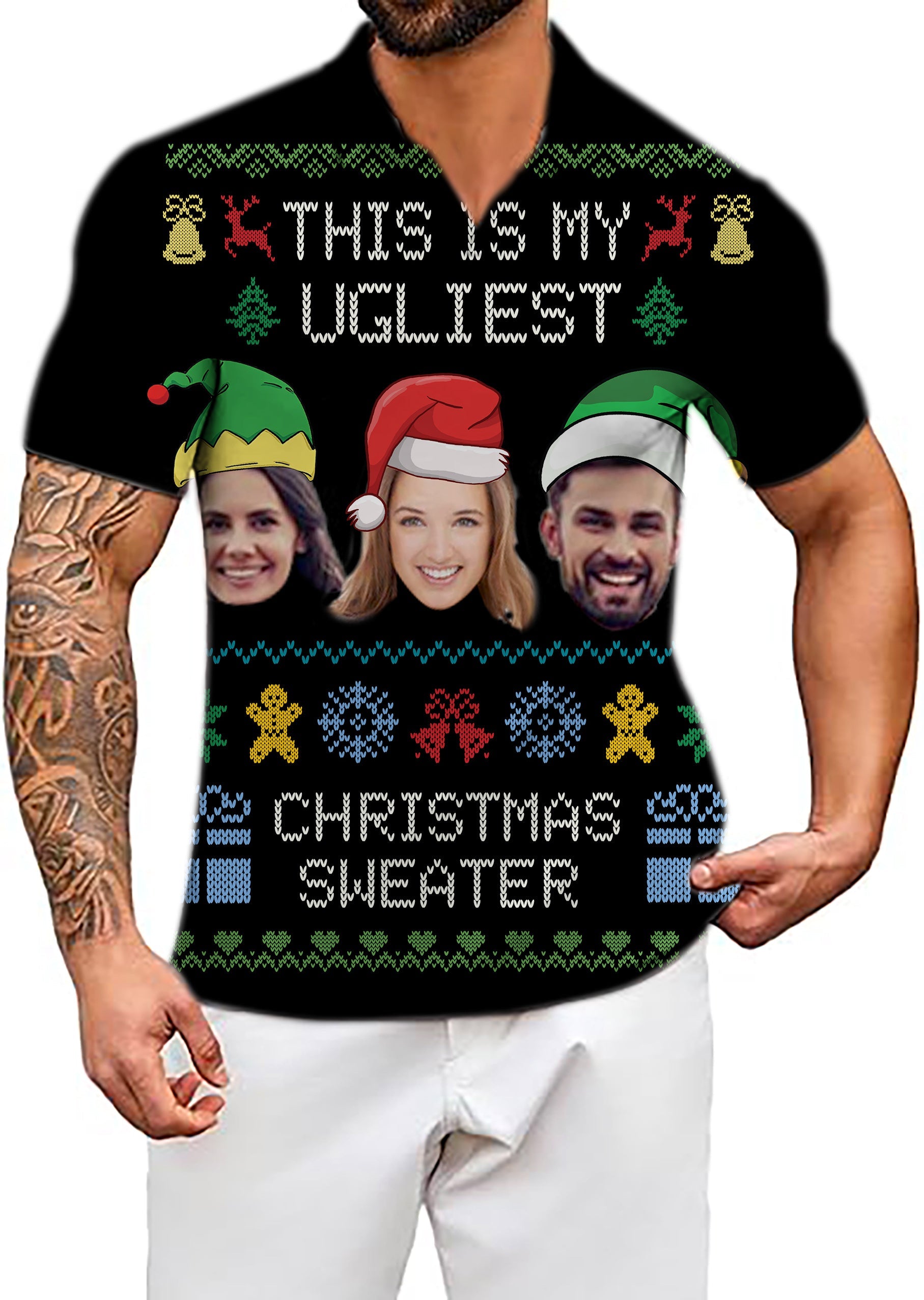 Men's Coconut Palm Navy Blue Ink Dots Christmas custom face polo shirt with festive design and personalized faces