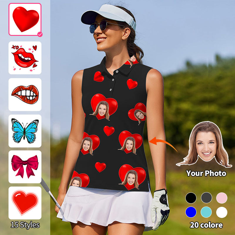 Valentine's Day Custom Photo Face Custom Color Black White Women's golf Sleeveless shirt