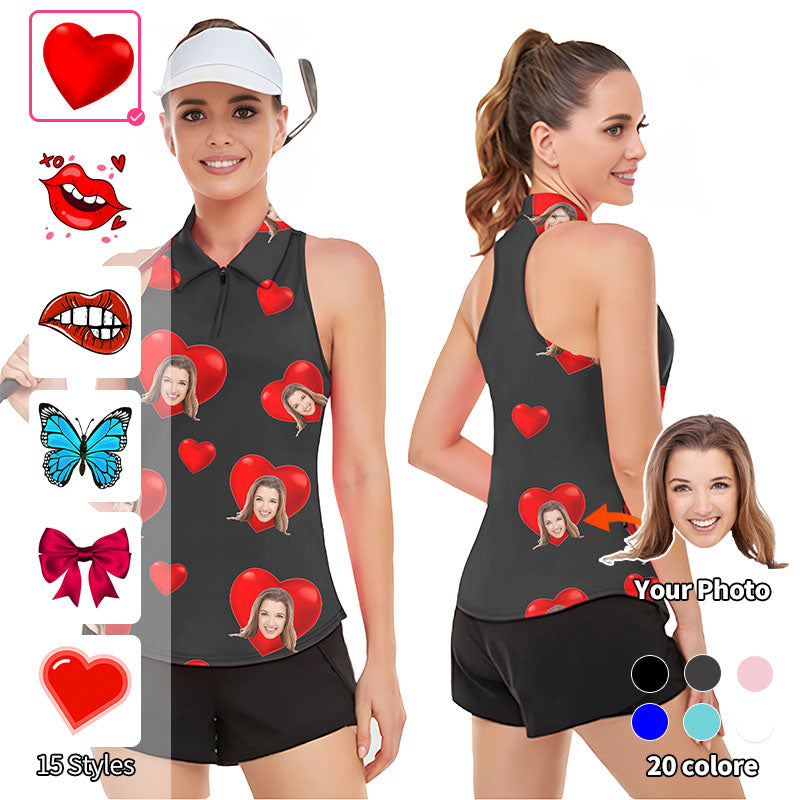 Valentine's Day Custom Photo Face Custom Color Black Love Women’s Sleeveless Golf Tank Top Shirt Polo