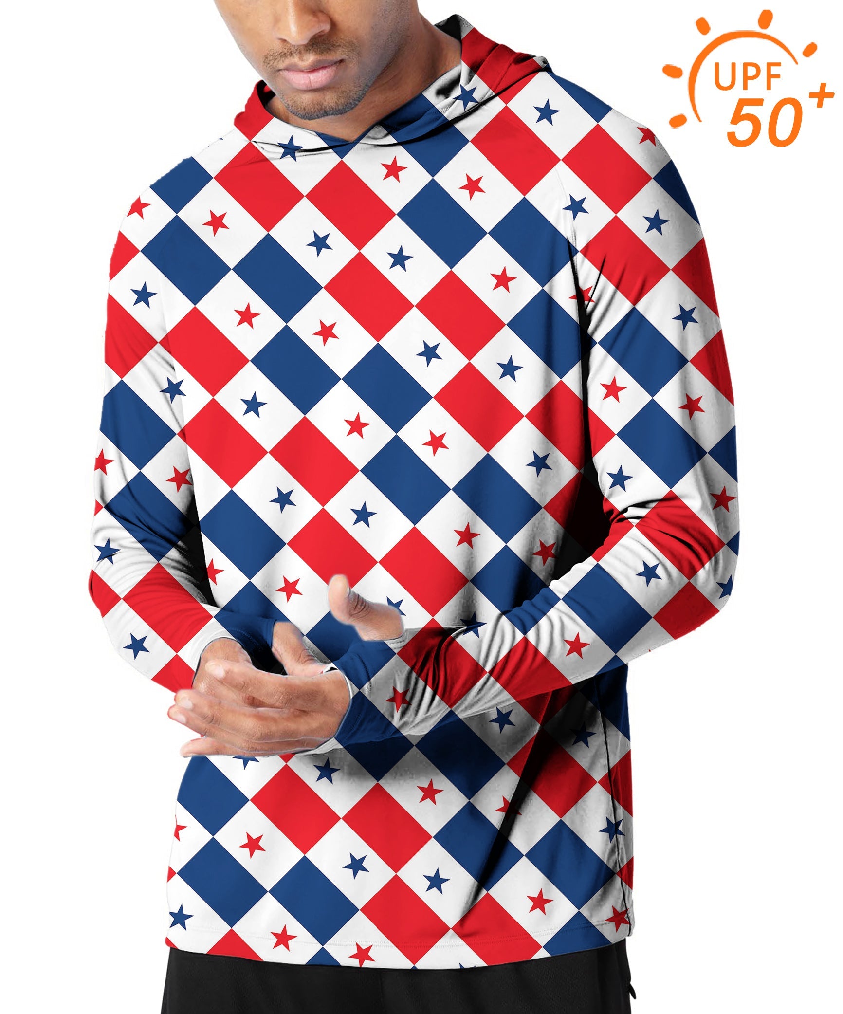 Men's Outdoor Argyle US Star flag golf slim fit hoodie with UPF 50+ sun protection and thumb holes