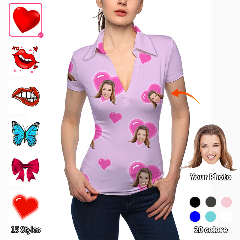 Valentine's Day Women's custom photo purple V-neck golf polo shirt with heart design
