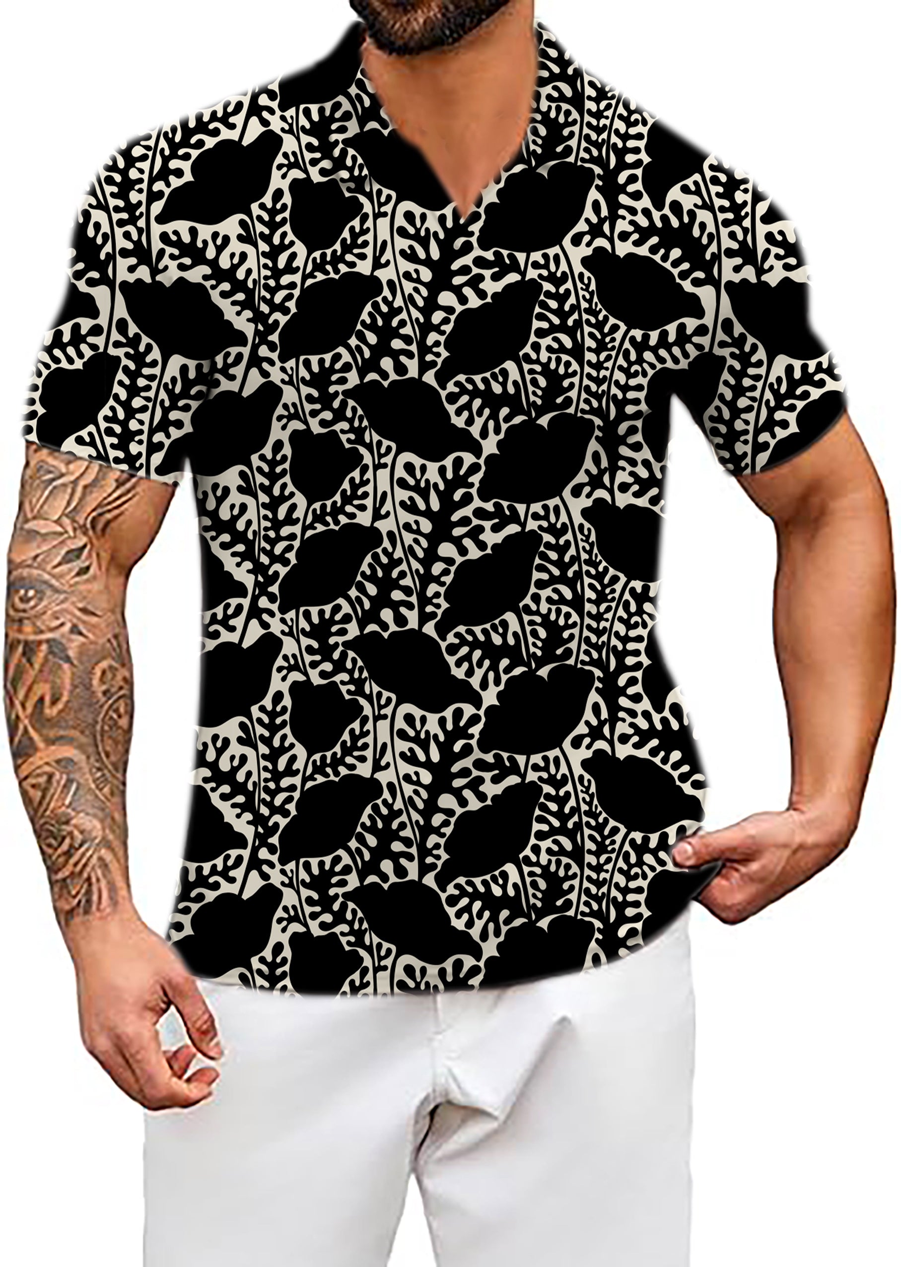 Men's Monochrome Bloom V Neck Golf Polo Shirts
