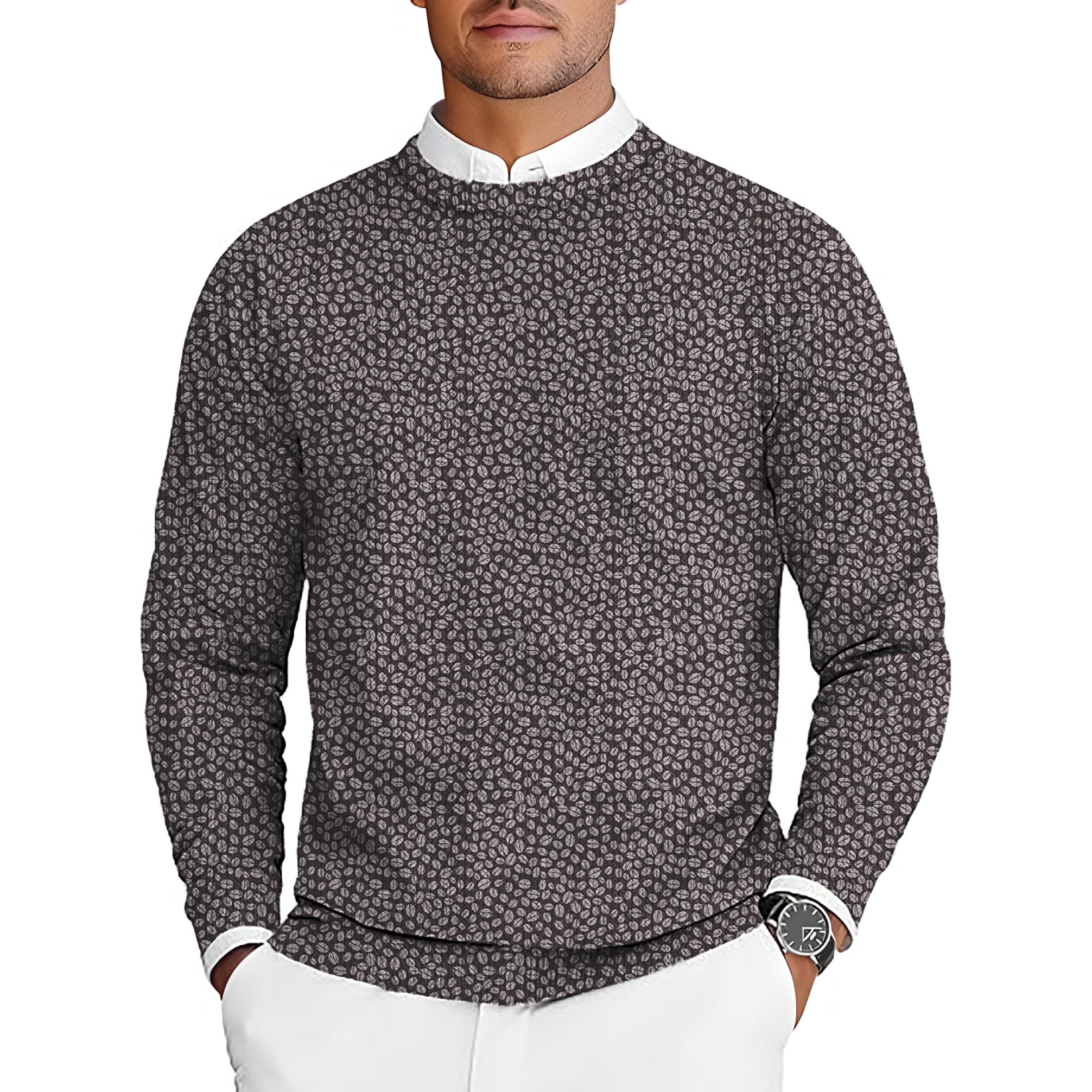 Men's golf pullover sweater with coffee beans pattern, crewneck design, customizable golf team uniform