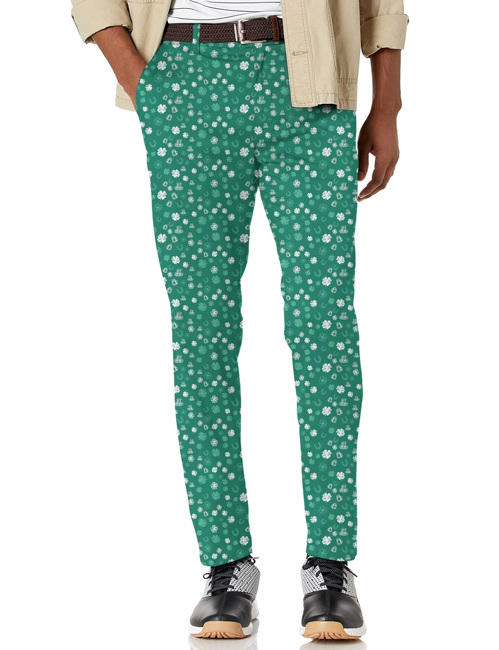 Men's green beer clover leaf St. Patrick's Day stretch golf pants with moisture-wicking performance fabric