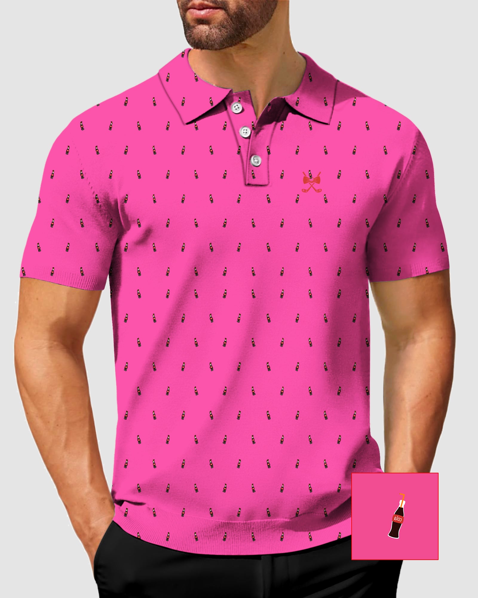 Men's Fuchsia Cola Glass Bottle Golf Polo