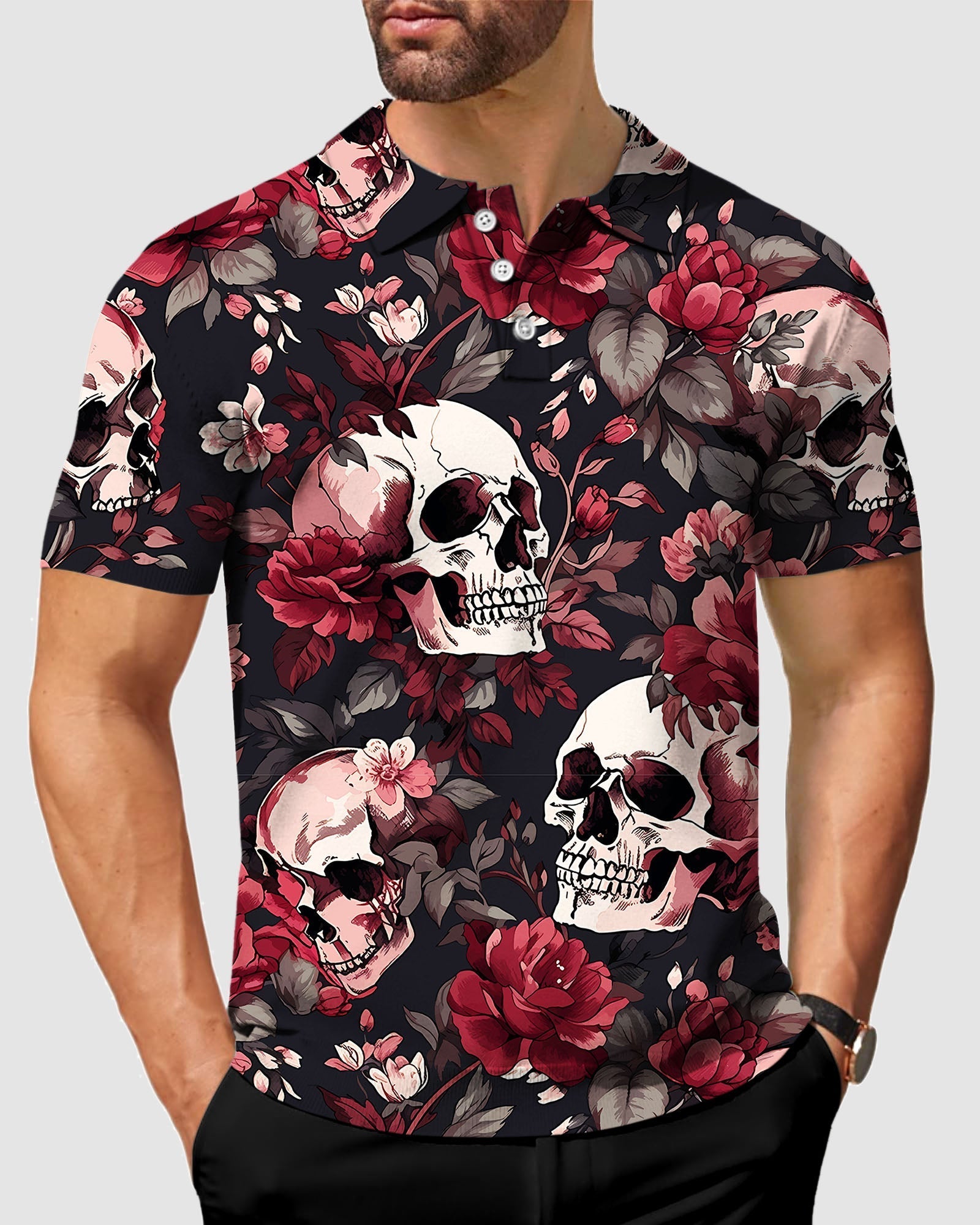 Men's Halloween floral skull polo shirt with black, red, and pink skull and rose pattern, four-way stretch and moisture-wicking fabric