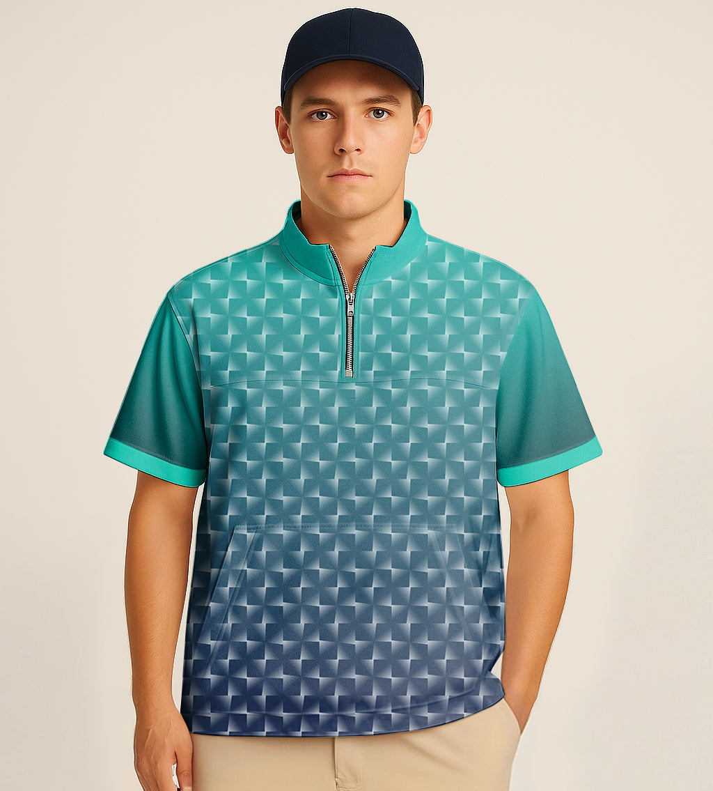 Man wearing cyan gradient half zipper turtleneck golf short shirt with custom embroidery.